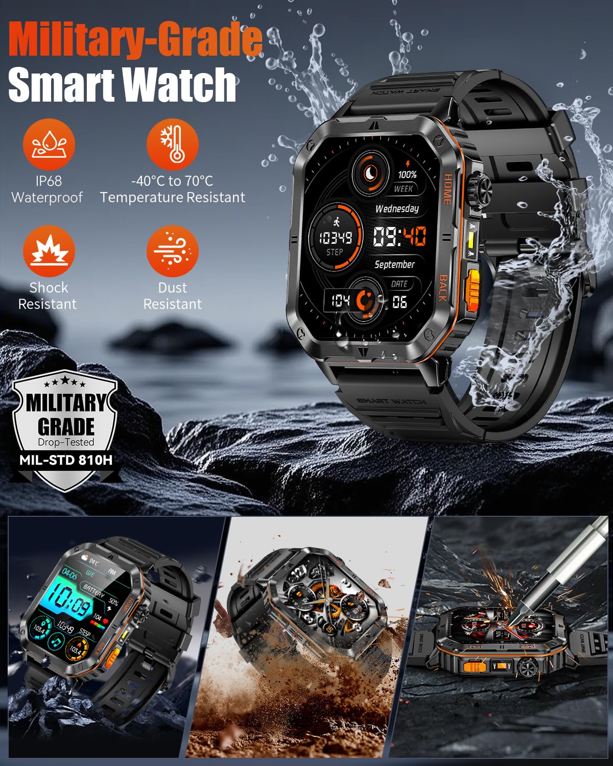 Military Smart Watch for Men, 2.01'' Fitness Tracker with 1200mAh Long Battery Life, Bluetooth Calls, Flashlight, IP68 Waterproof, Heart Rate/Sleep Tracking, 100+ Sports Modes for Android iPhone