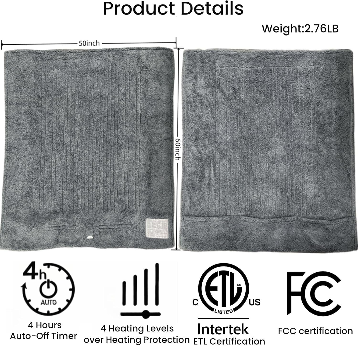 Silver Island Snuggle Heated Blanket Throw with Foot Pockets for Cold Feet, Electric Lap Blanket with 4 Heating Levels, Auto Shut-Off, Machine Washable, ETL & FCC Certified, for Women(Grey) - Image 2