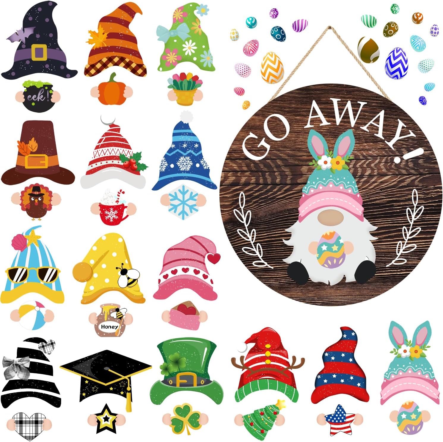 Easter Seasonal Gnome Wall Decor Set, 11.8 inch Wooden Round Sign with Interchangeable Holiday Hats, Go Away Door Hanging (Attractive)