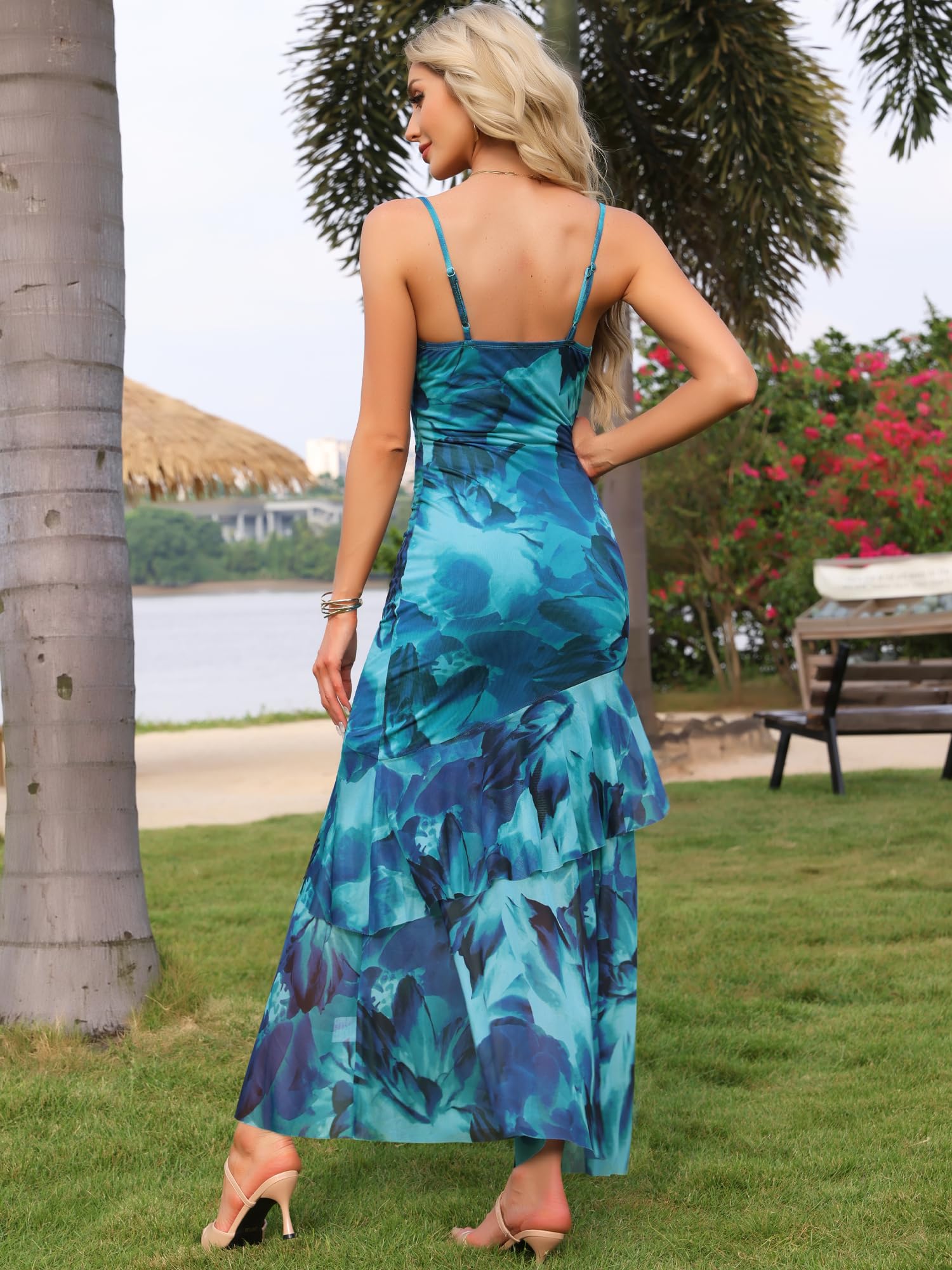 Allegra K Mujer Vestido Maxi Malla Estampado Floral para Fiesta Playa Boda