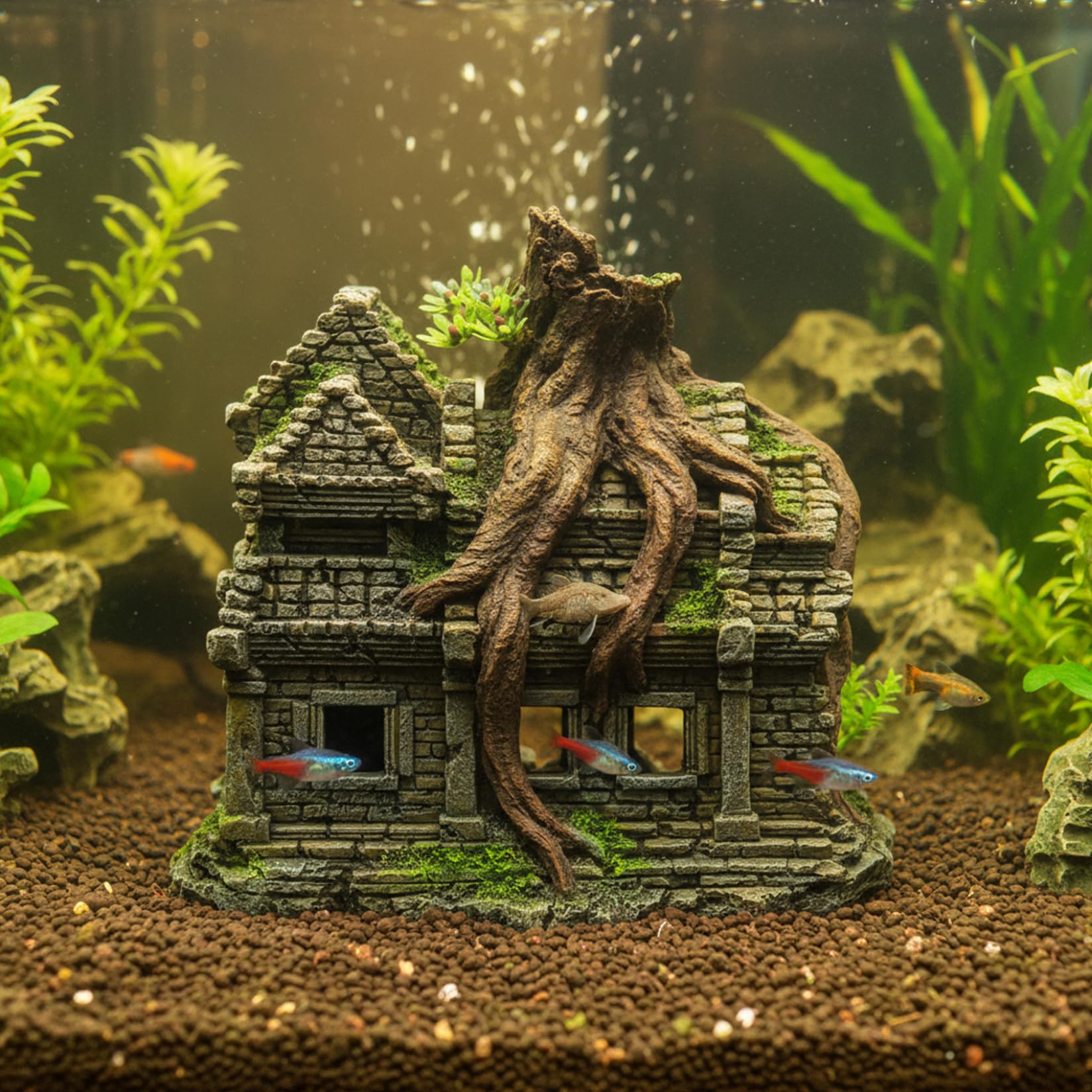 Decorazione per acquario di grandi dimensioni, ornamento realistico per acquario con castello ad arbusto con grotta, decorazioni in resina dipinte a mano per nascondere e giocare i gamberetti Betta