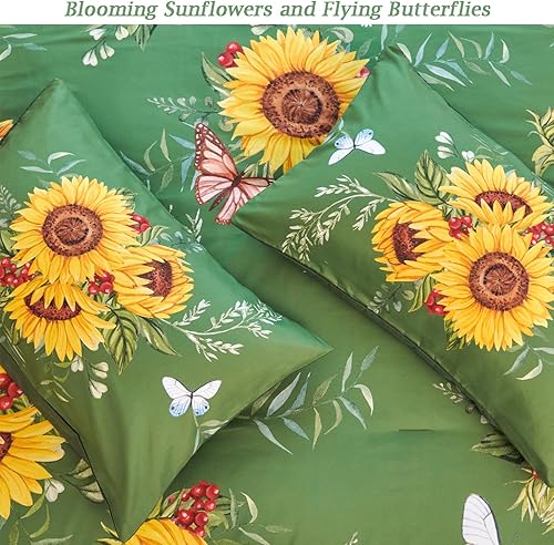 Miniatura 4 de Juego de edredón verde de girasol, juego de ropa de cama de 3 piezas con flores amarillas con plumón alternativo de mariposa, juego de edredón