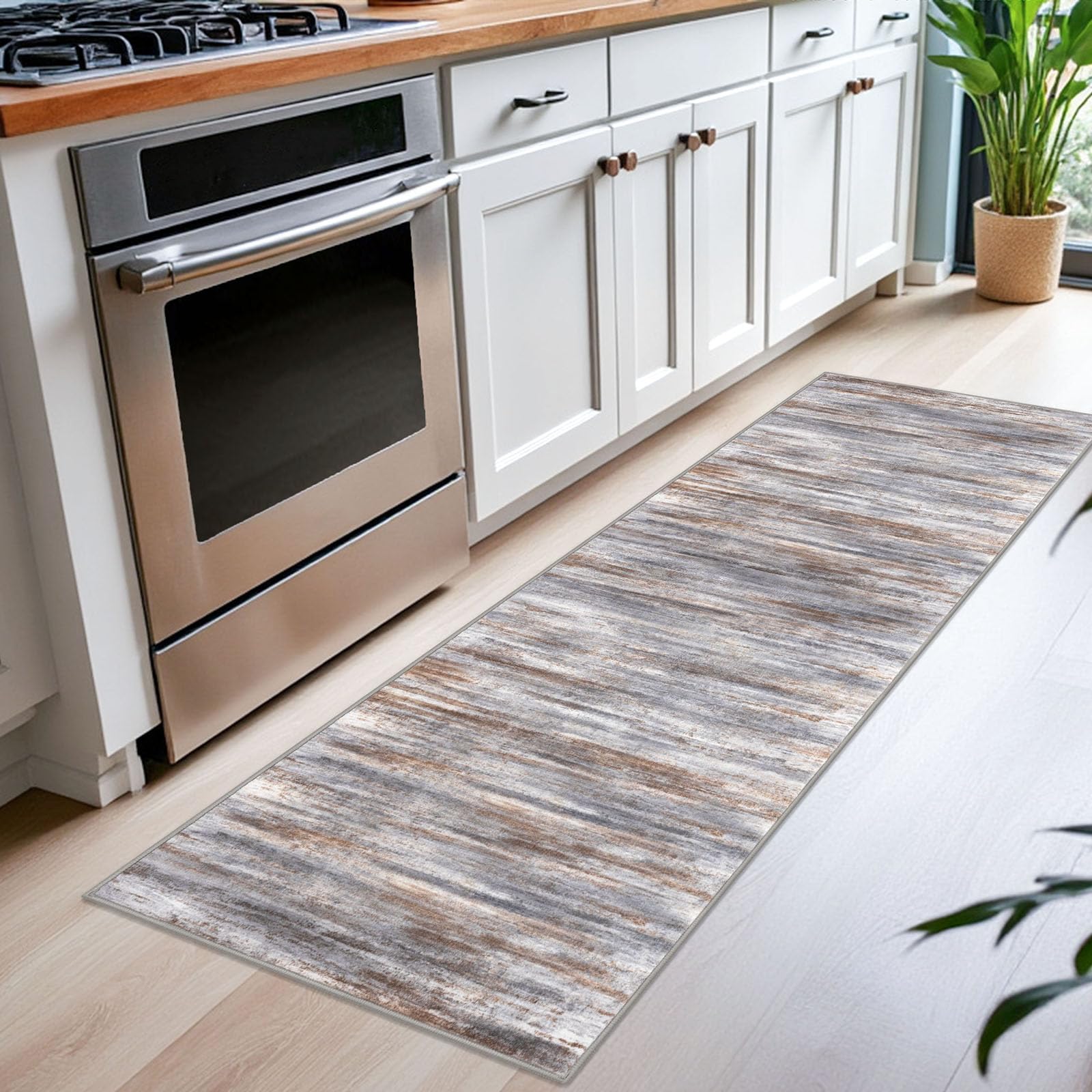 KOZYFLY Modern Abstract Kitchen Runner Rug, 2x6 Washable Rug Runner Non-Slip Soft Striped Hallway Runner Rugs, Grey Brown Print Carpet Runner for
