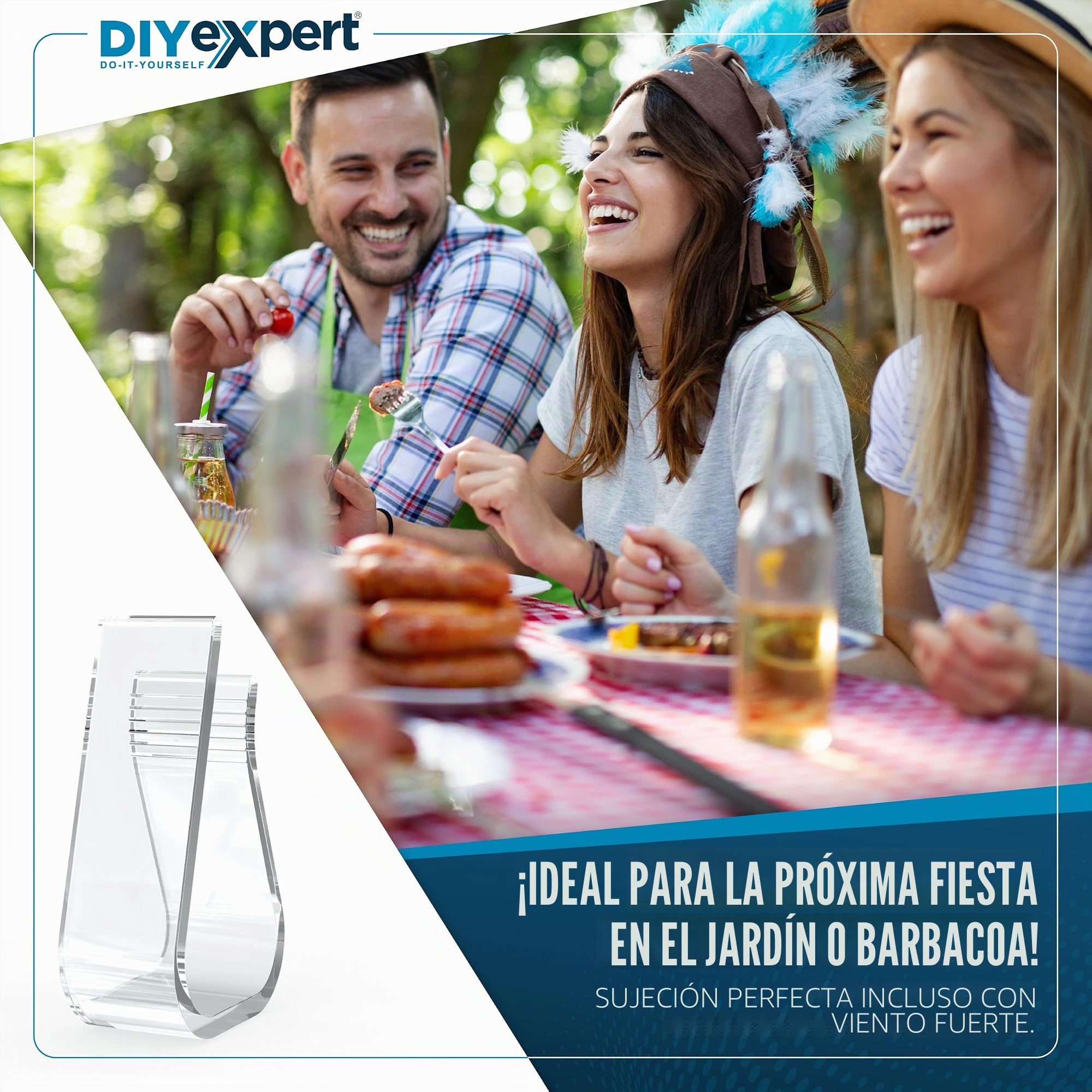 DIYexpert Pinzas para mantel transparentes Fabricado en Alemania [hasta 25 mm] [4 unidades] Pinzas estables para mantel – Resistentes a la intemperie y antideslizantes – Pinzas de mesa para jardín