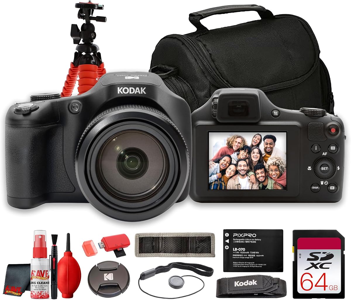 Kodak PIXPRO AZ653 Digital Camera (Black) 20MP Digital Camera Travel Bundle | Wide-Angle Telephoto Lens,Image Stabilization, for Travel, Wildlife & Sports Photography + 64GB Card, Soft Case and More