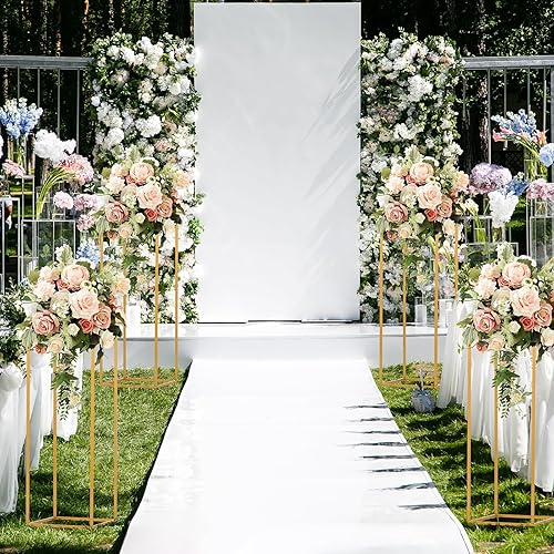 Miniatura 4 de 4 piezas de soporte de flores doradas de metal con columna geométrica para mesas de 31.5 pulgadas de alto, estante rectangular dorado para
