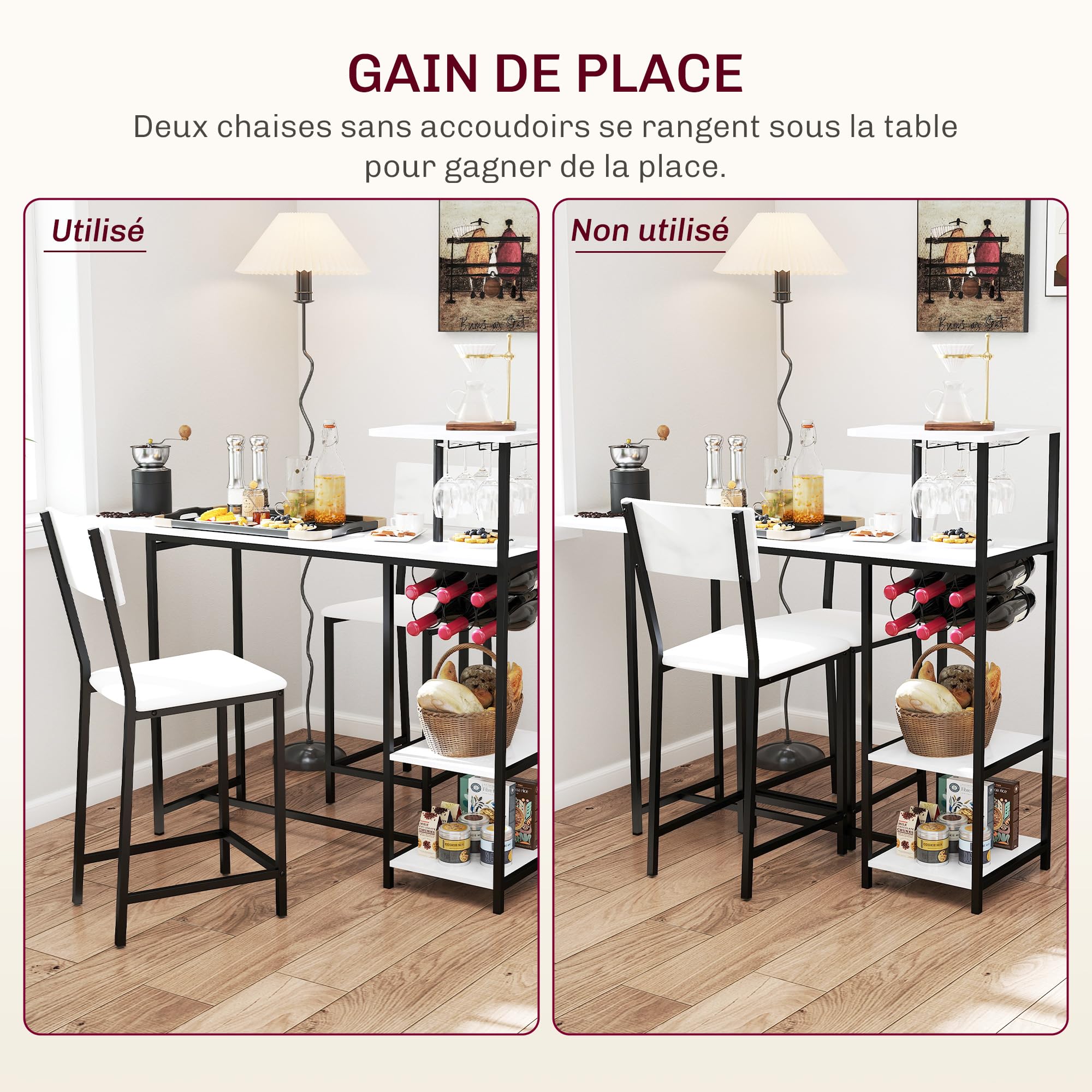 HOMCOM Ensemble Table de Bar avec tabourets, Table à Manger Debout avec 2 chaises de Bar, abattant Pliant, casiers à vin, Porte-Verres, étagères Ouvertes et Repose-Pieds, Effet marbre Blanc