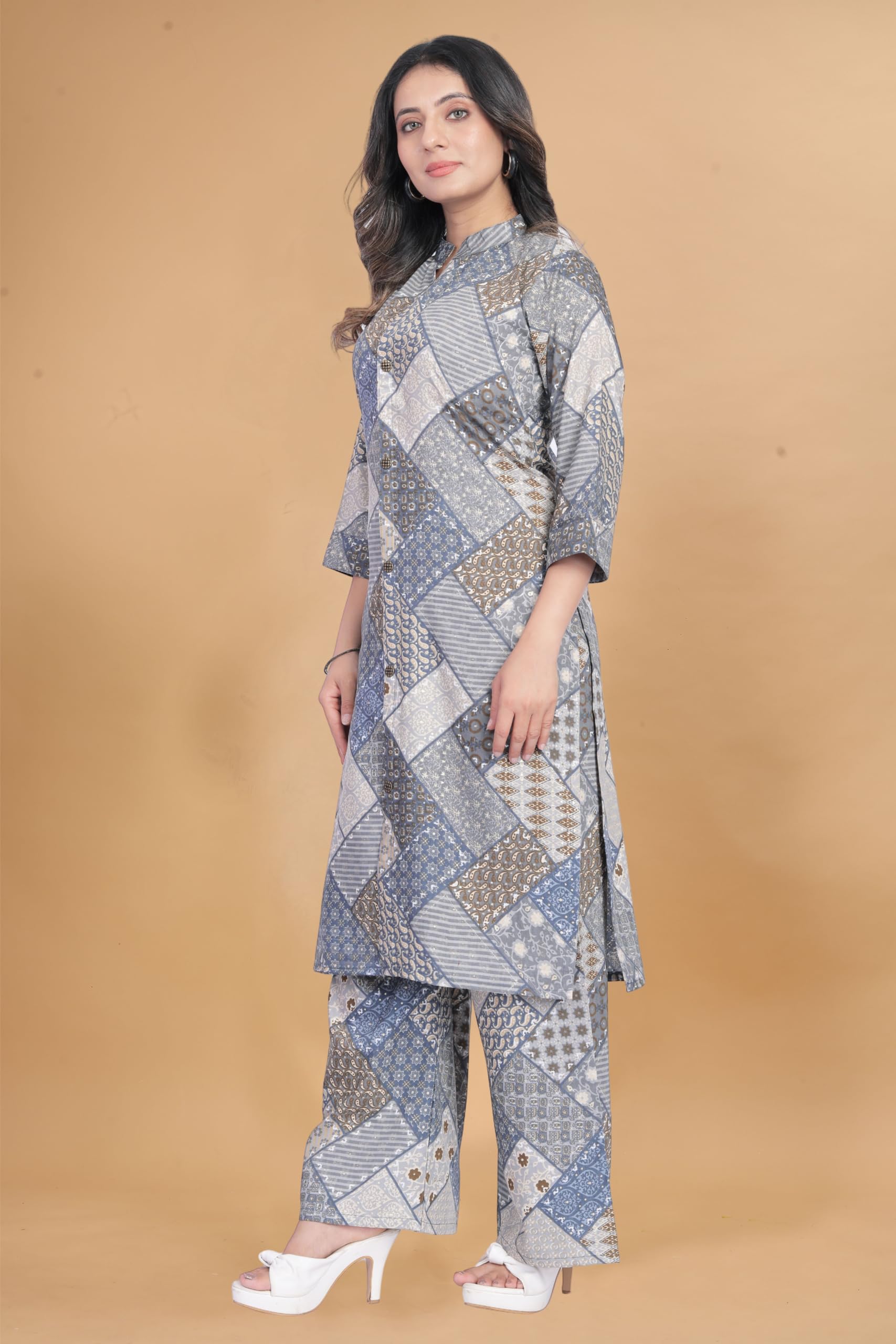 JYORICA Women’s Ready-to-Wear Muslin Cotton Co-Ord Set – 2-Piece All-Over Geometric Printed Top & Bottom – Full Front Open with Buttons, Cuffed Sleeves (IN, Alpha, 4XL, Regular, Women, Grey) 3