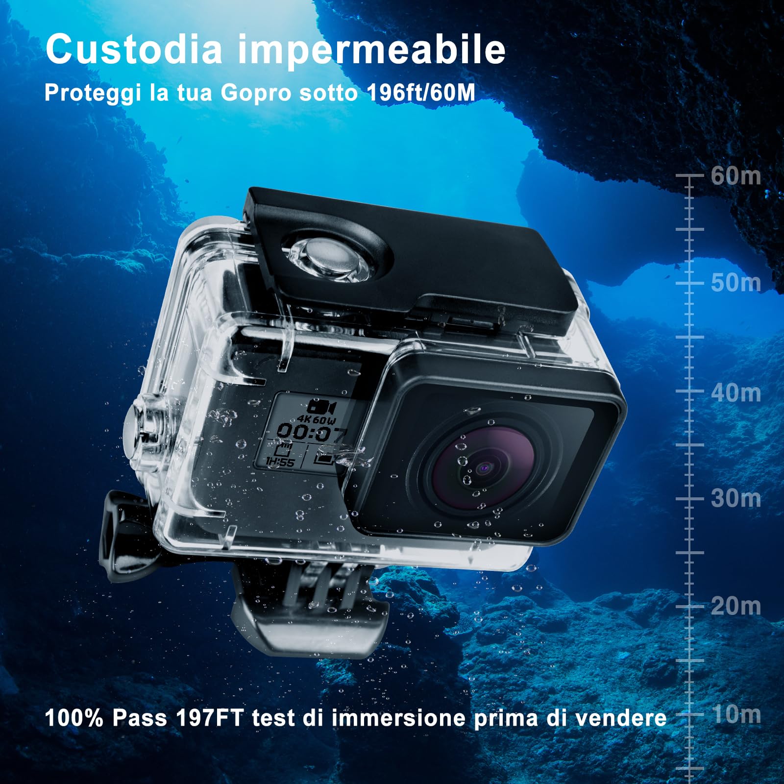 Custodia Protettiva Impermeabile per GoPro Hero 5/6/7, 60m Custodia Subacque Accessori Include Supporti Viti e 12 Inserti Antiappannamento per GoPro Hero 5/6/7 Fotocamera Digitale