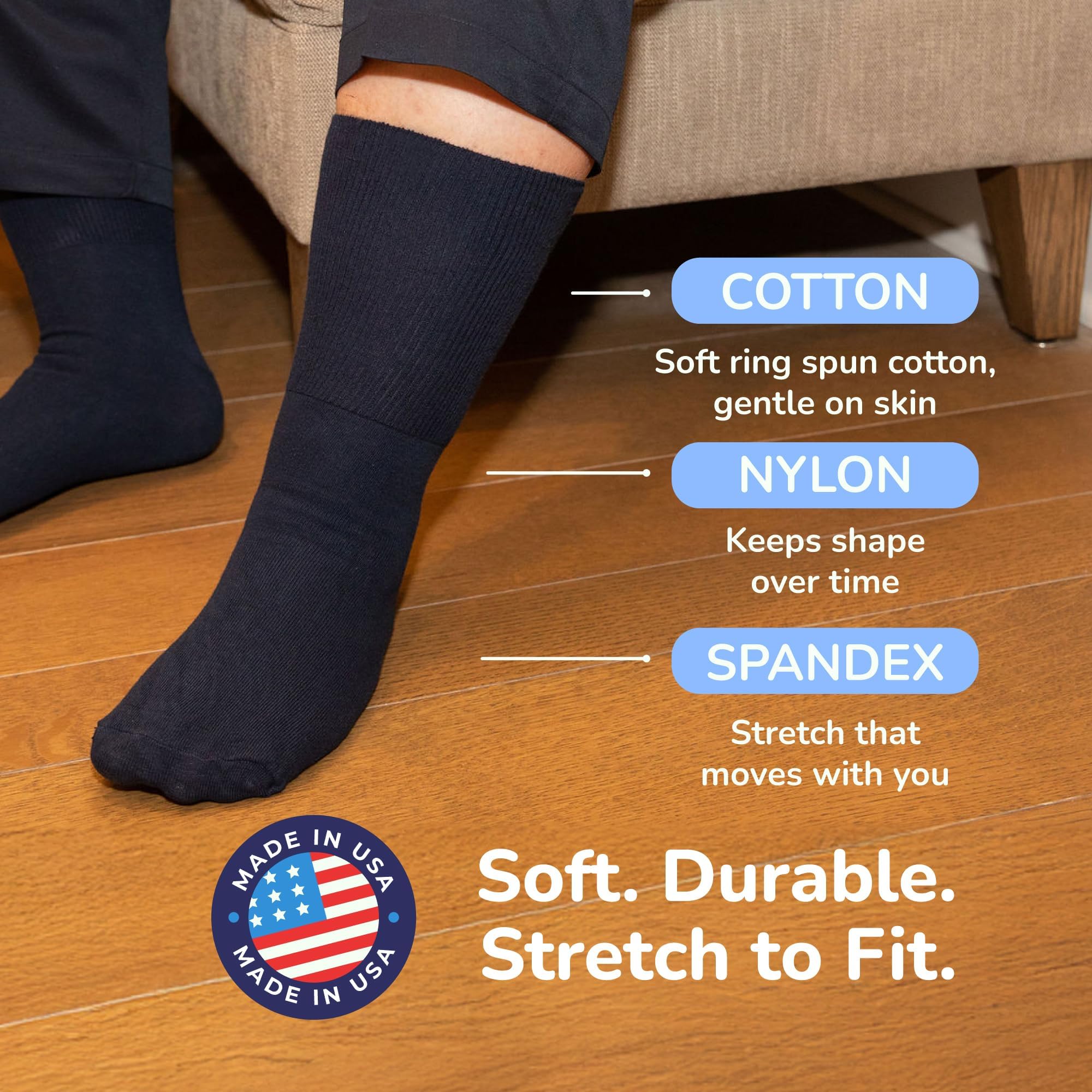 Extra breite Herren und Damen bis 6E Unisex Medical Mid Calf Crew 3PK Antimikrobiell Hergestellt in den USA