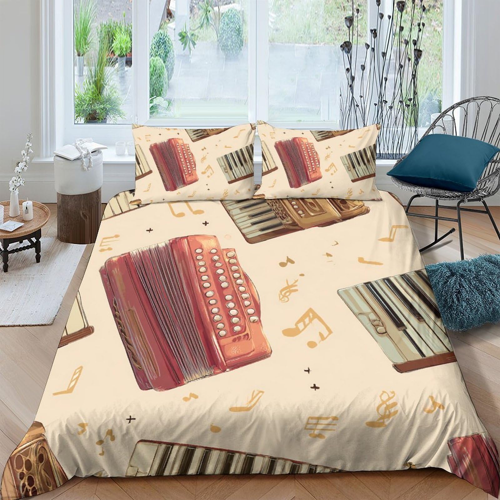 Ctjqhvkz Style-9 3D Printed Accordion Pattern Fitted Sheet Microfiber Soft Bed Cover Musical Instrument Design For Bedroom Dorm Decor Single（135X200cm）