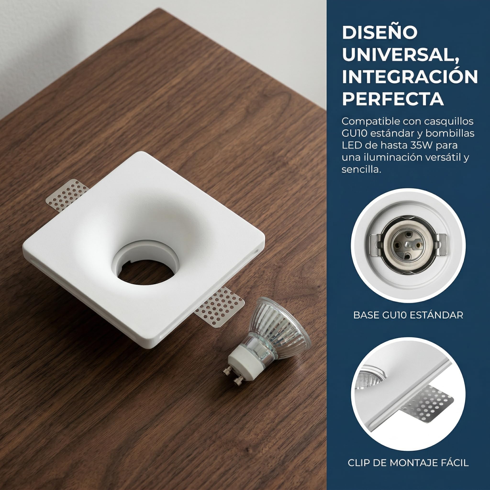 BARCELONA LED Downlight Empotrable Cuadrado de Escayola GU10 Trimless Ø120mm Blanco | Aro LED Techo Integrado Pintable | Diseño Moderno y Lujo Minimalista | Foco Empotrado para Pladur | Escayola pintable, diseño sin bordes, 120x120mm, interior IP20