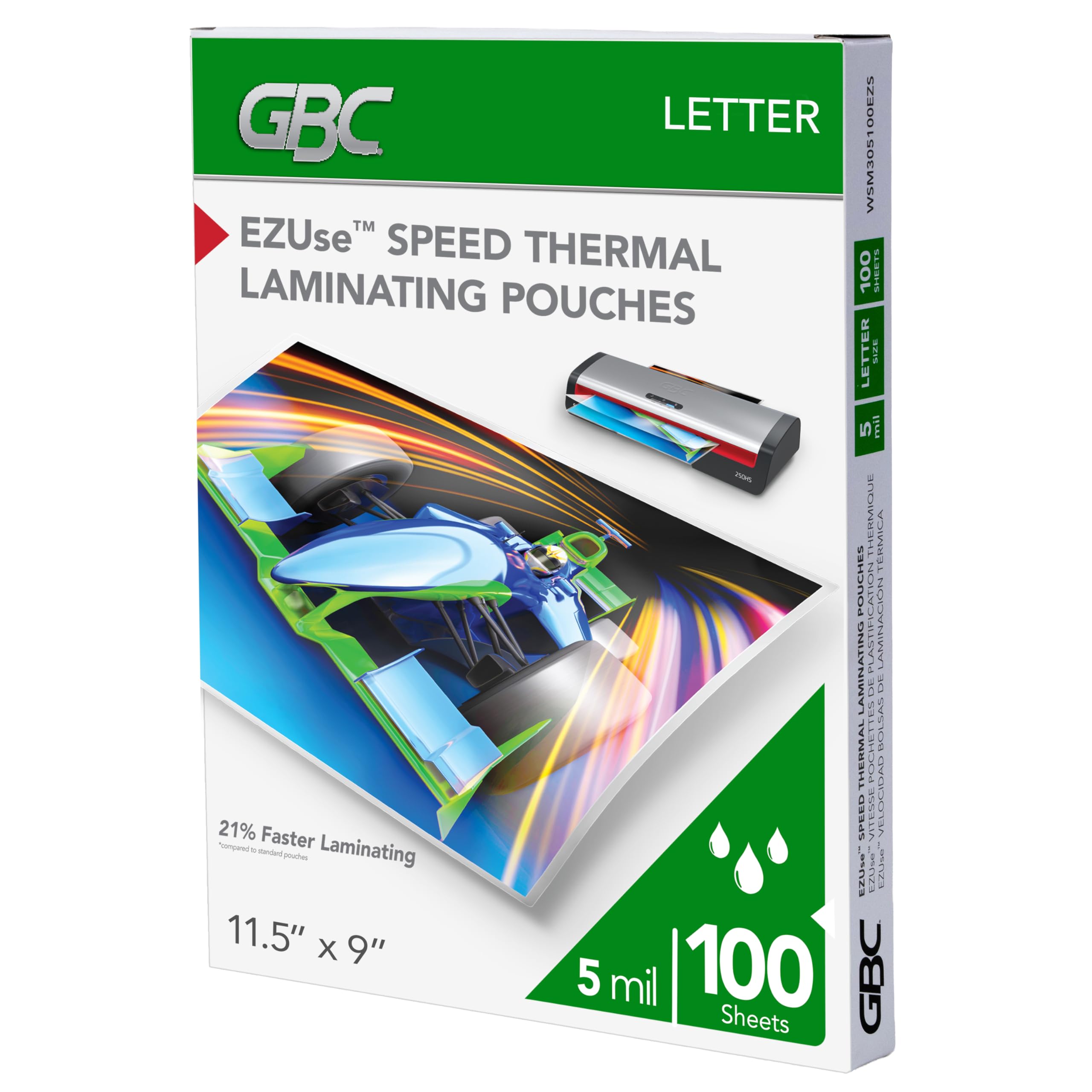 GBC Fogli di laminazione, sacchetti termici per plastificatrici da 30,5 cm, 5 mil, adatti a carta formato lettera 29,9 x 22,9 cm, velocità EZuse, 100 pezzi (WSM305100EZS)