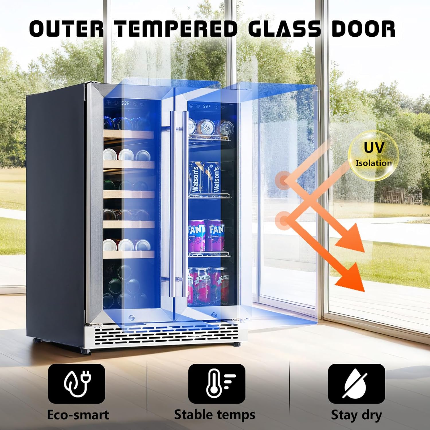 Jocisland Beverage Refrigerator, 24-Inch Dual Zone Fridge Cooler with Glass Door, Built-In or Freestanding for Wine and Beer, Holds 20 Bottles & 78 Cans, 34–64℉ & 41–68℉ for Kitchen, Bar, Office
