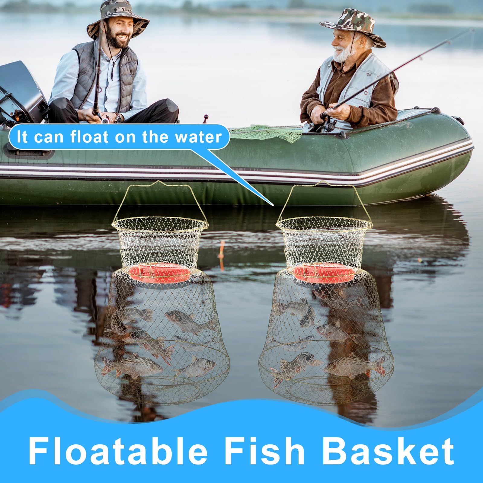 Hollowfly 2 cestas de alambre de acero y red de aterrizaje de pesca con extensión de poste telescópico de aluminio, incluye 1 red de pesca portátil con asa, 1 cesta de pesca plegable de alambre para