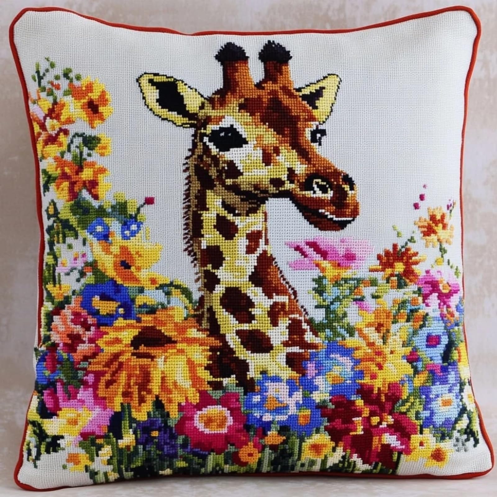 WallustrioaW Embroidery Kit Cross Stitch Cushion Kits,Giraffe in the Flower Bushes,Embroidery Cushion for Creative Home Decor — Needlework for Adult Beginners,45x45cm