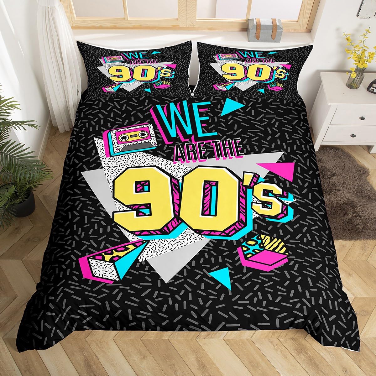 Memphis Duvet Cover Set Super King Size, Retro 90s Fashion Style Comforter Cover with 2 Pillowcases, Geometric Triangle Diamond Bedding Set 3pcs for Kids Boys Room Decor Lightweight Bedspread Cover