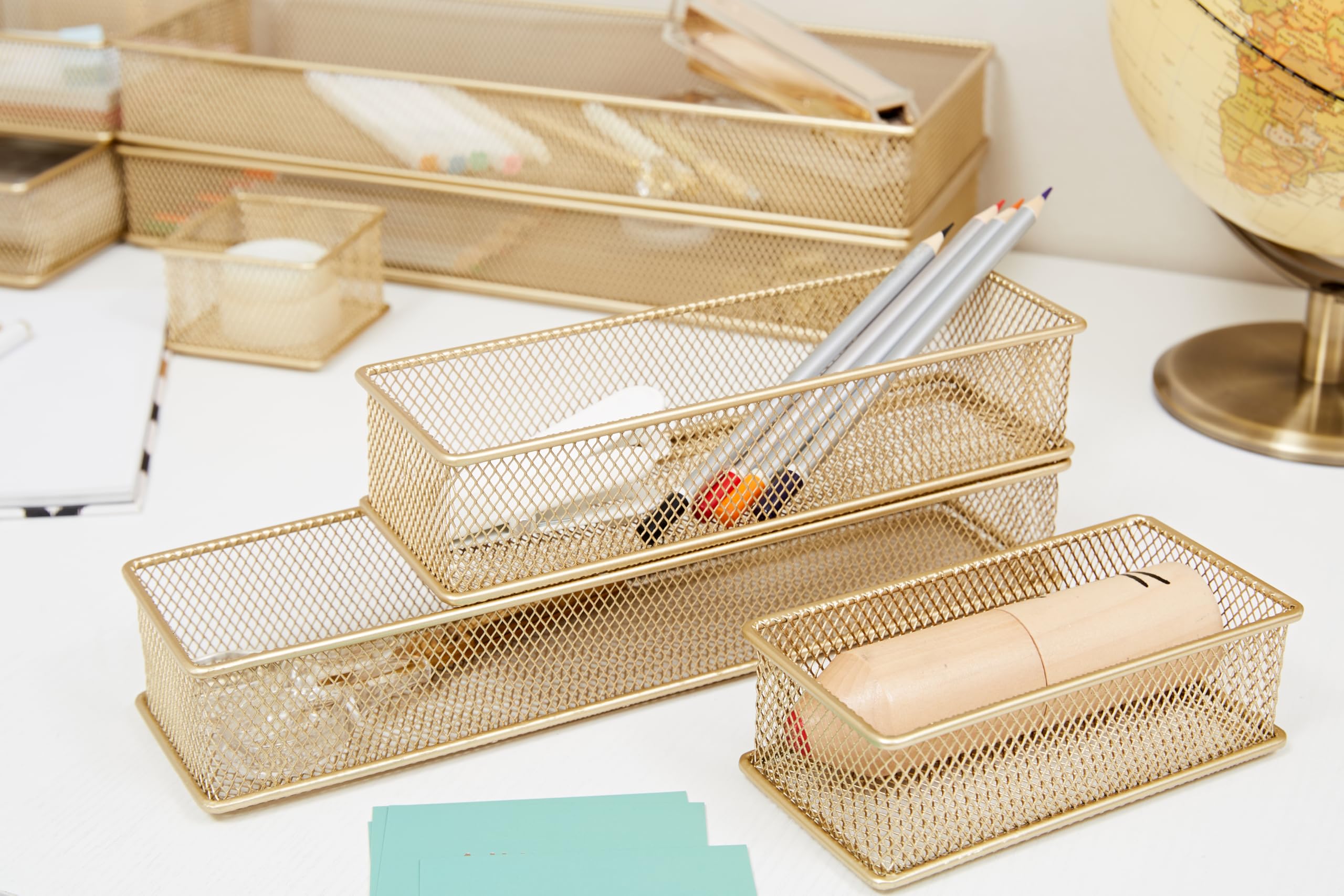 Annova Set di 2 cestini portaoggetti in rete per cassetti e mensole, per scuola e ufficio (d'oro, 15x7.5x5cm)