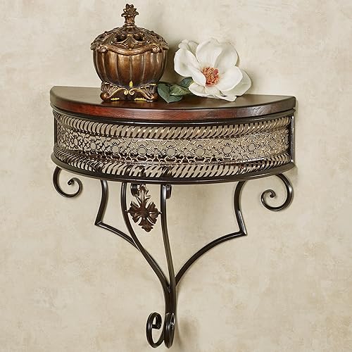 Miniatura 2 de Touch of Class Charleston Estante de pared calado ornamentado bronce Marco de metal Parte superior de madera con acabado de cereza Estante de