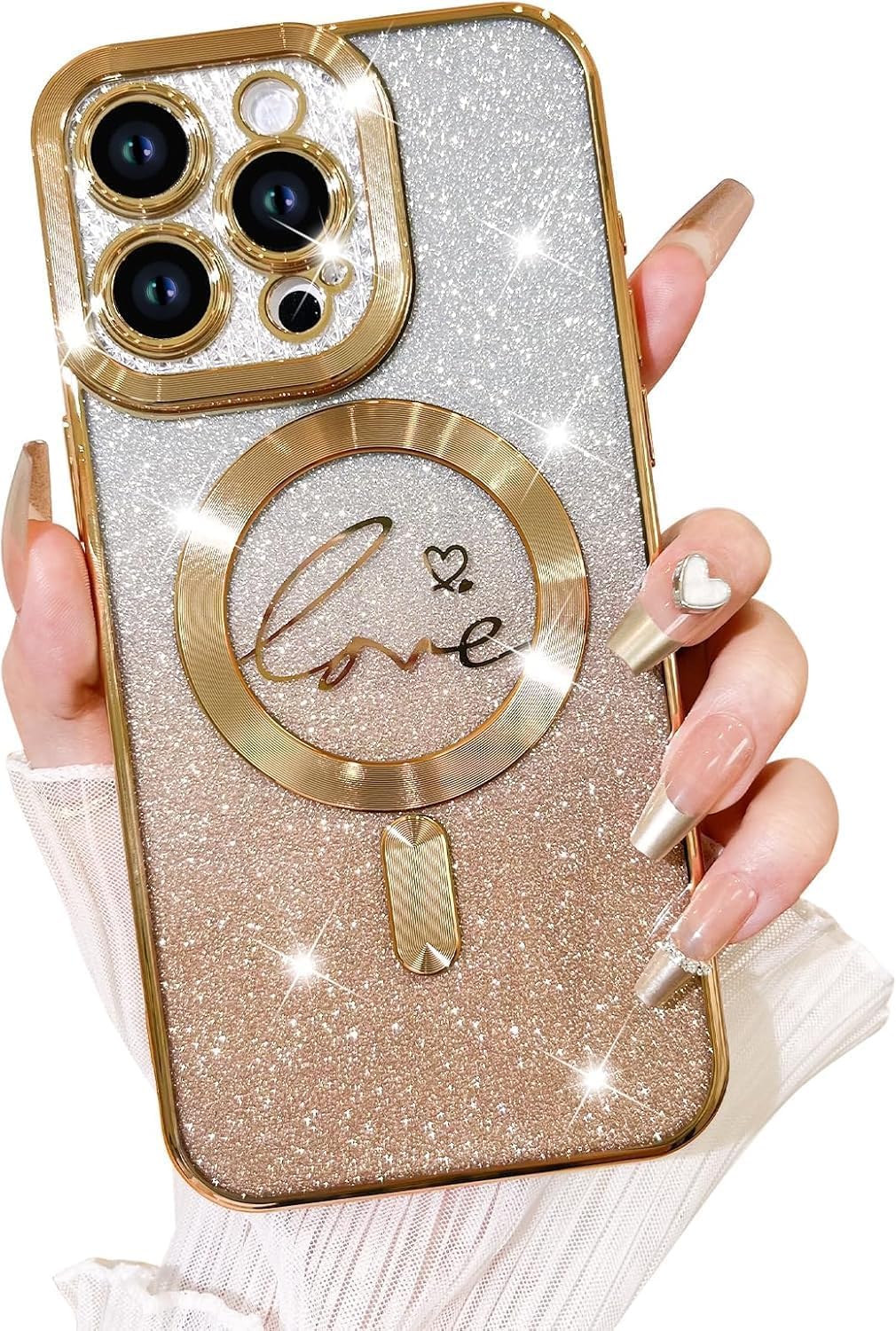 Fiyart Compatible with iPhone 13 Pro Case,Compatible with MagSafe Love Heart Plating Camera Protection TPU Magnetic Glitter for Women Girls Shockproof Phone Bumper 6.1"-Gold
