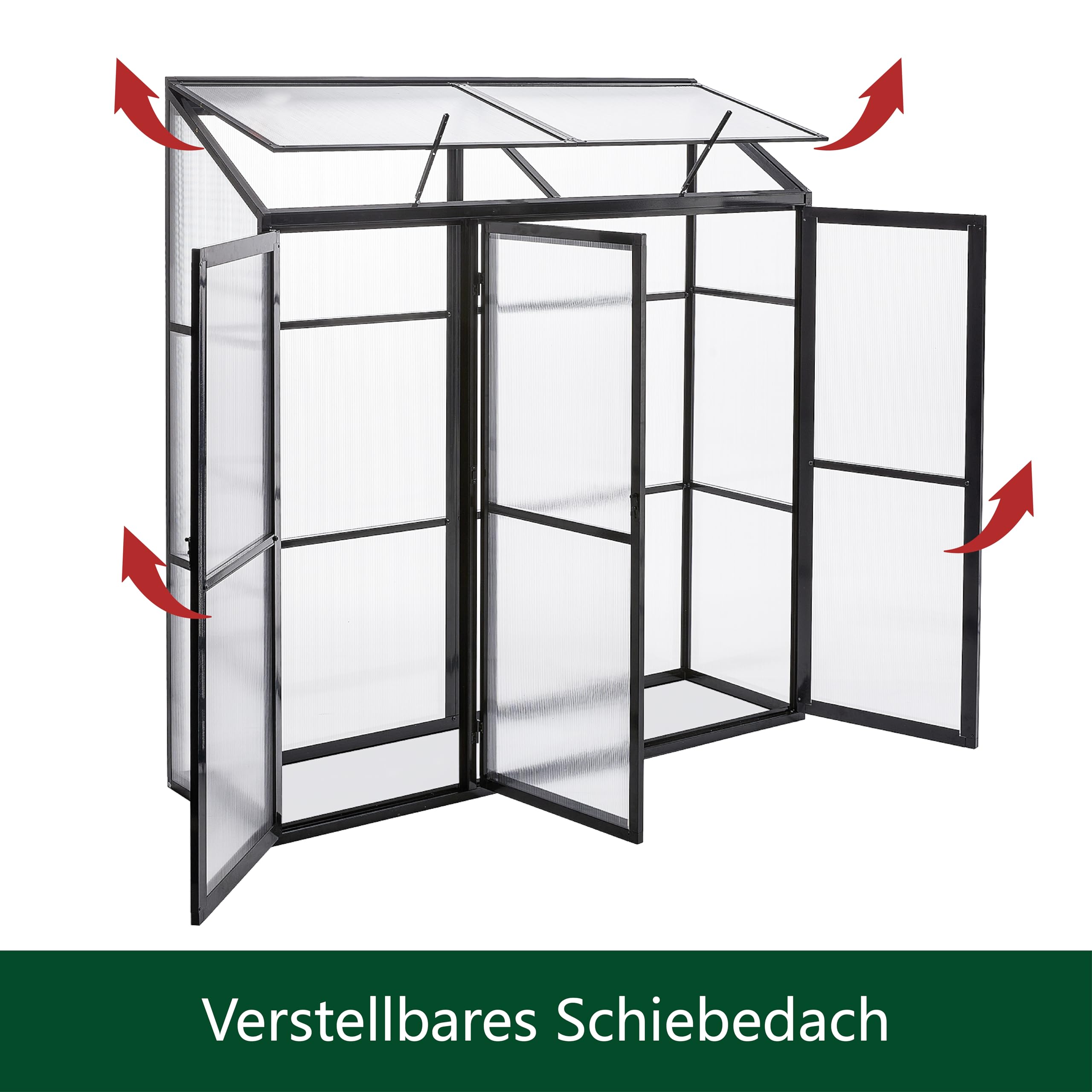 Aluminium Anlehngewächshaus Beistell Tomatengewächshaus klein Gewächshaus Dreitürig Treibhaus 190x55X180 cm schwarz