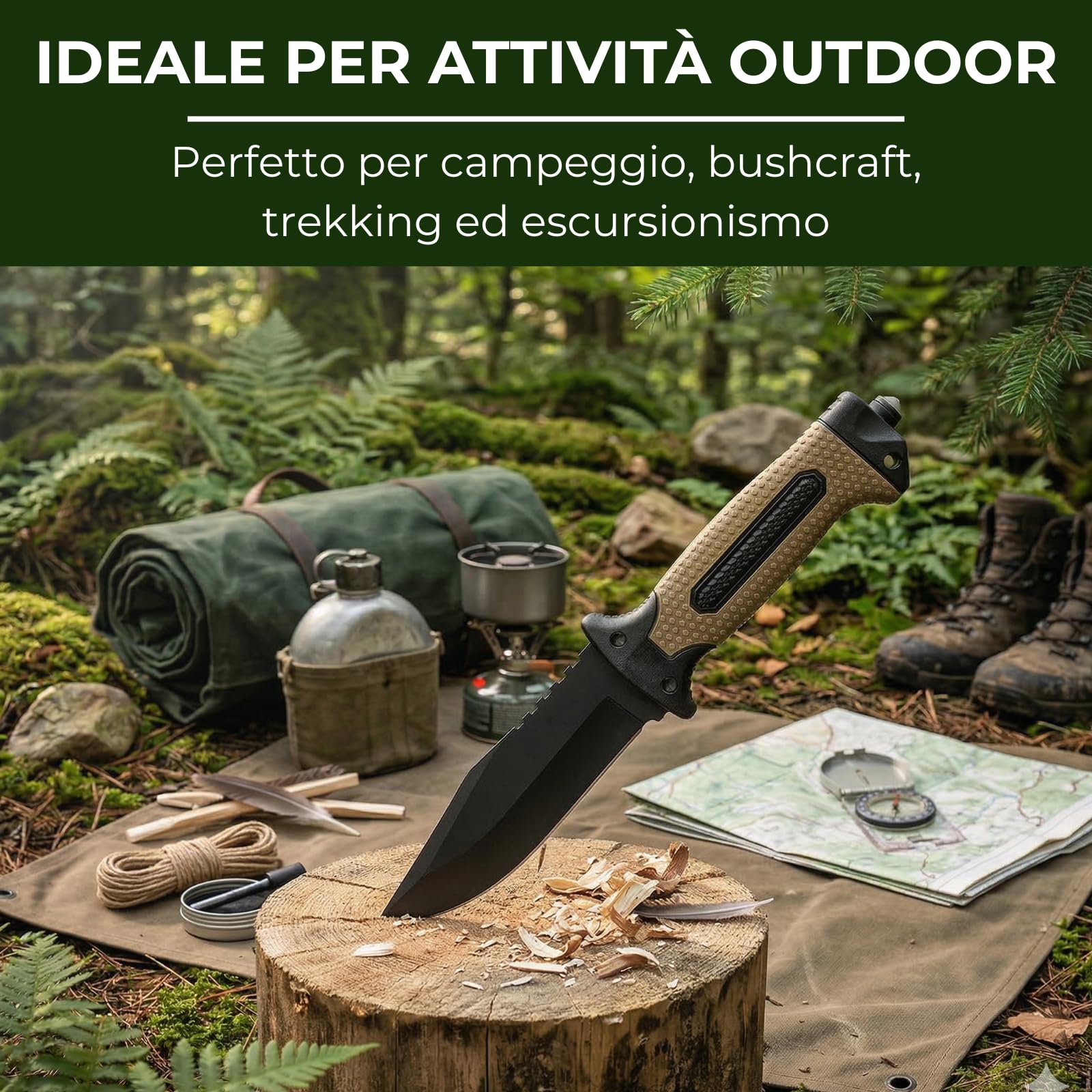 Coltello Sopravvivenza Lama Combinata 13cm Acciaio Inox, Manico Antiscivolo Marrone, Fodero ABS, Accendifuoco, Fischietto, Pietra Affilatrice e Rompivetro – Bushcraft, Camping, Trekking, Idea Regalo