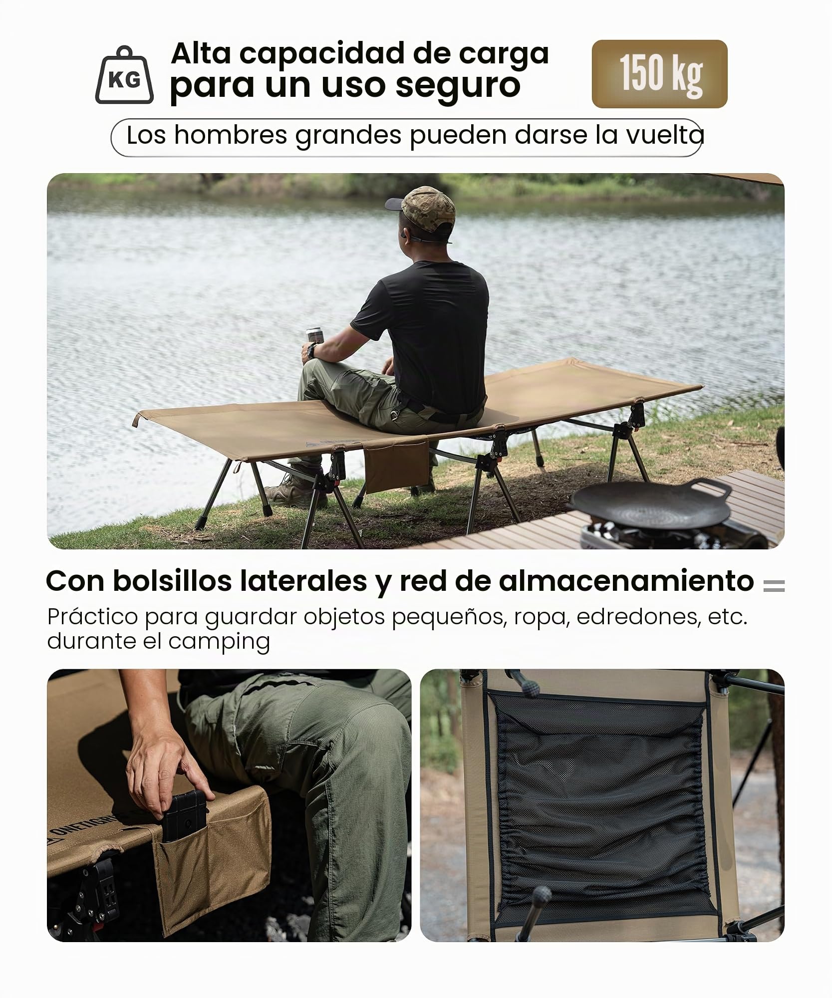 OneTigris SUPRANUBIS - Tumbona plegable para camping, 190 x 70 cm, portátil, plegable, ligera, hasta 150 kg, para tienda de campaña, exteriores, viajes, jardín, oficina (coyote)