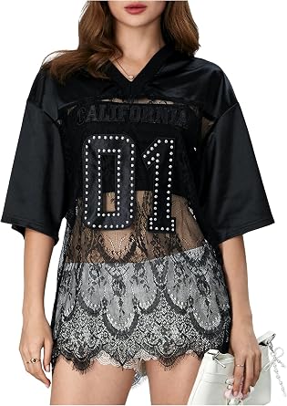 MakeMeChic Lace Jersey Shirts for Women V Neck Letter Graphic Tee Oversized Sheer Tops