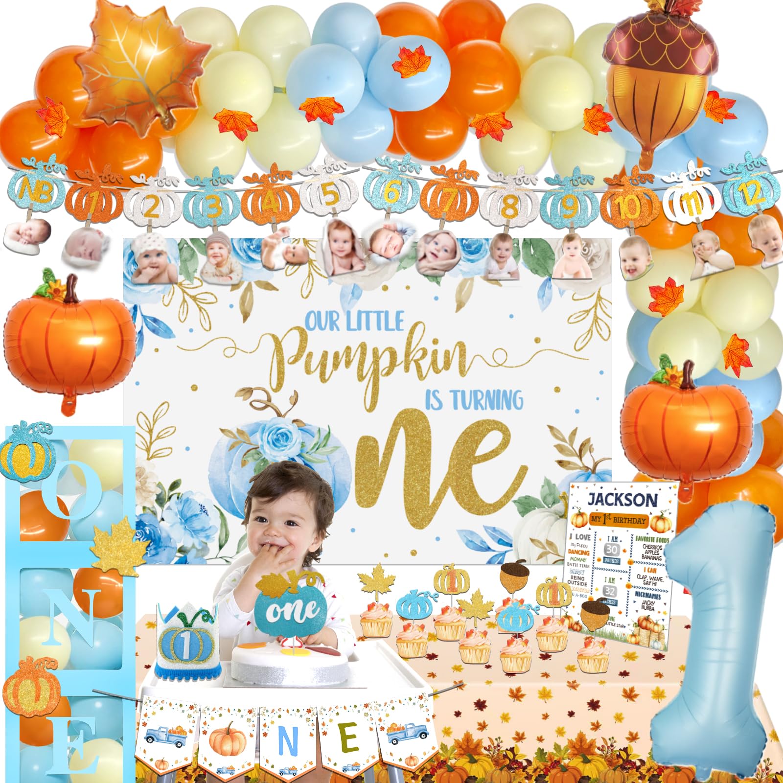 Photo 1 of 191 PCs Our Little Pumpkin Is Turning One Decorations for Boy, Fiesec Blue Thanksgiving 1st Birthday Party Backdrop Balloon Garland Maple Leaf Banner Tablecloth Box Cutout Cake Topper Crown Poster Pumpkin 1st Decorations for Boy