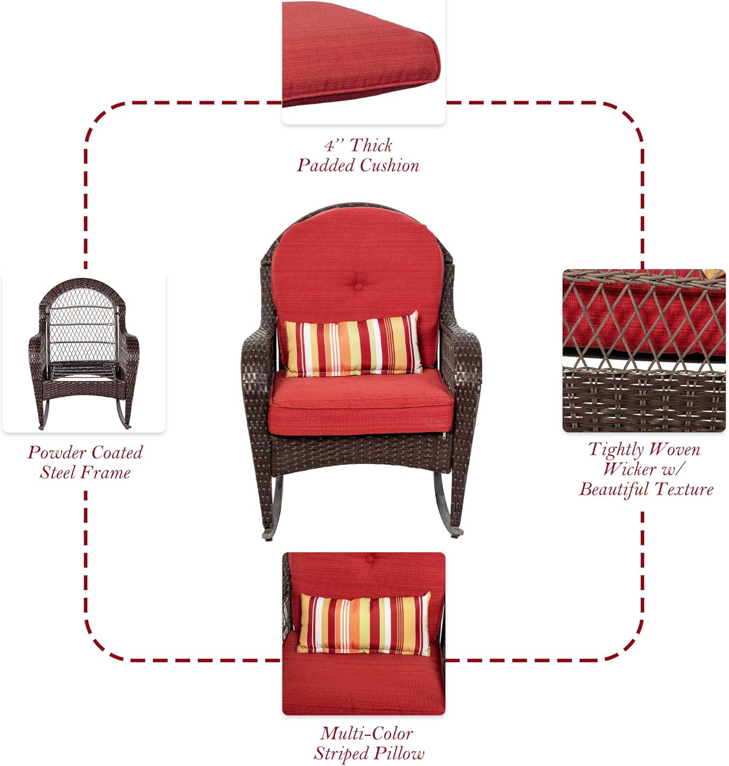 Sundale Outdoor Rocking Chair, Patio Wicker Rocker Chair with Olefin Cushions and Pillow, Rocking Lawn Chair Wicker Patio Furniture - Steel Frame, Brown, Red : Patio, Lawn & Garden