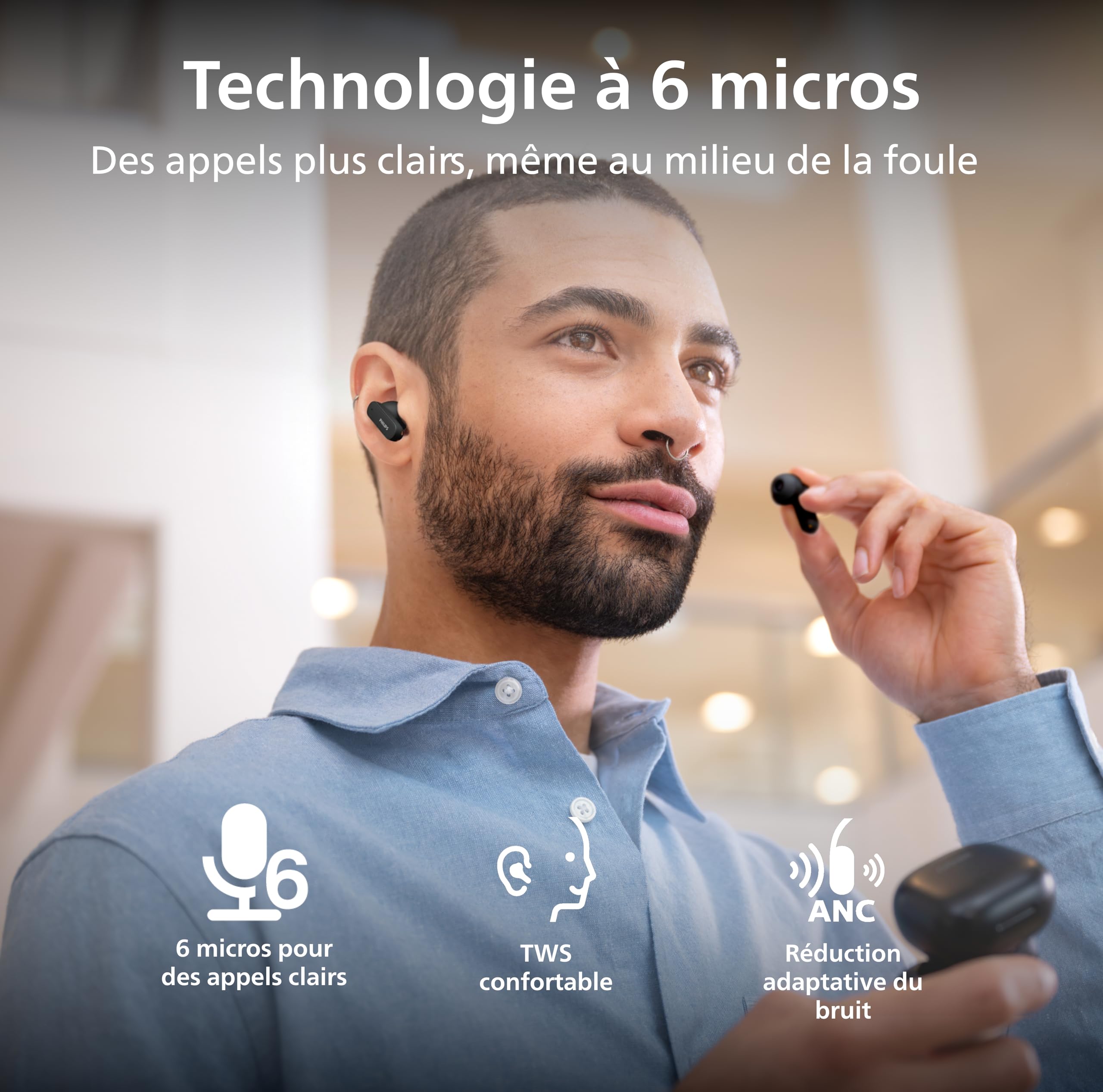 PHILIPS TAT3000BK - Écouteurs True Wireless avec réduction adaptative du Bruit, 48 h d’autonomie, Embouts SecureFit, 6 micros pour des appels clairs, Bluetooth 6.0, Auracast, IPX4, Rose