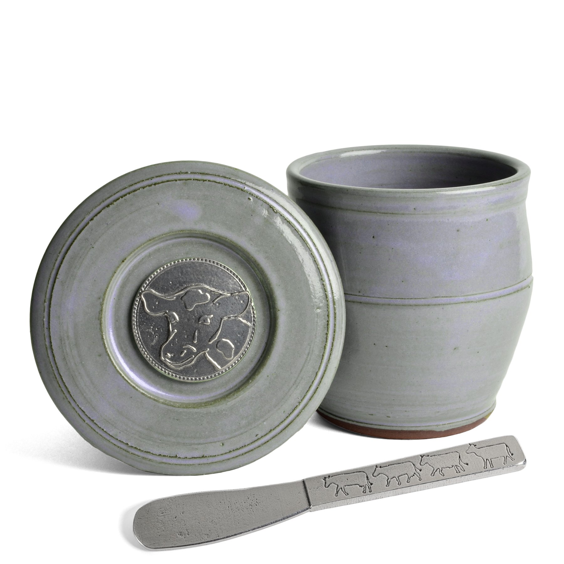 Cow French Butter Keeper with Pewter Spreader, Light Blue