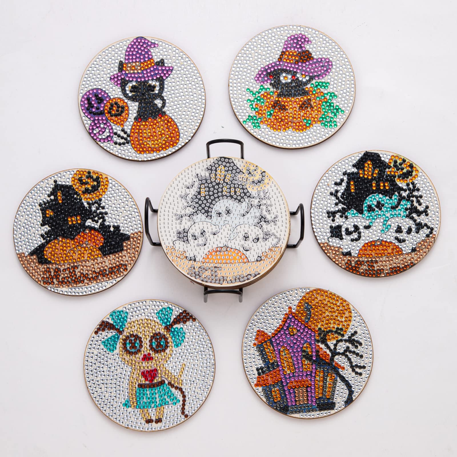 Halloween Diamond Painting Coasters Kits - 6PCS DIY Happy Halloween Ghost Pumpkin Witch Black Cat Diamond Art Coasters Sets with Holder for Drinks (Halloween A)