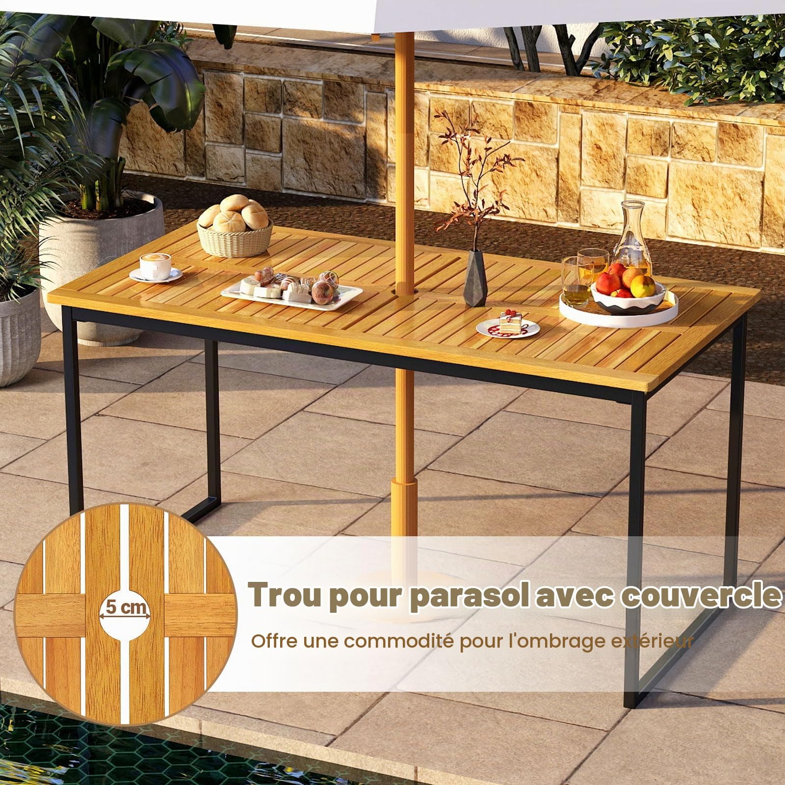 KOMFOTTEU Table à Manger de Jardin avec Trou pour Parasol, Table à Manger en Bois d'acacia pour 6 Personnes, 140 x 70 x 73 cm, Extérieur & Intérieur, Tables de Cour avec Jambes en Métal
