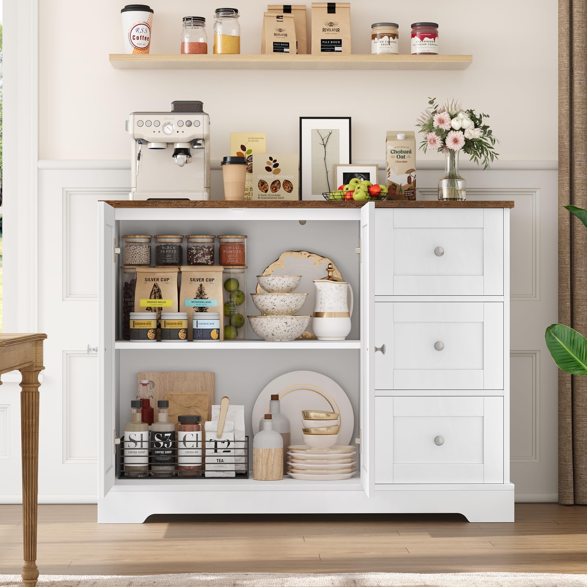 HOCSOK Credenza Cucina, Mobiletto con 3 cassetti e Ripiani, Multiuso Mobile Cucina Salvaspazio, Armadio di Stoccaggio Legno per Cucina, Soggiorno, Sala da Pranzo, Bianco e Marrone, 40x105x81cm | Armadio buffet con piani di lavoro per cucina, sala da pranz