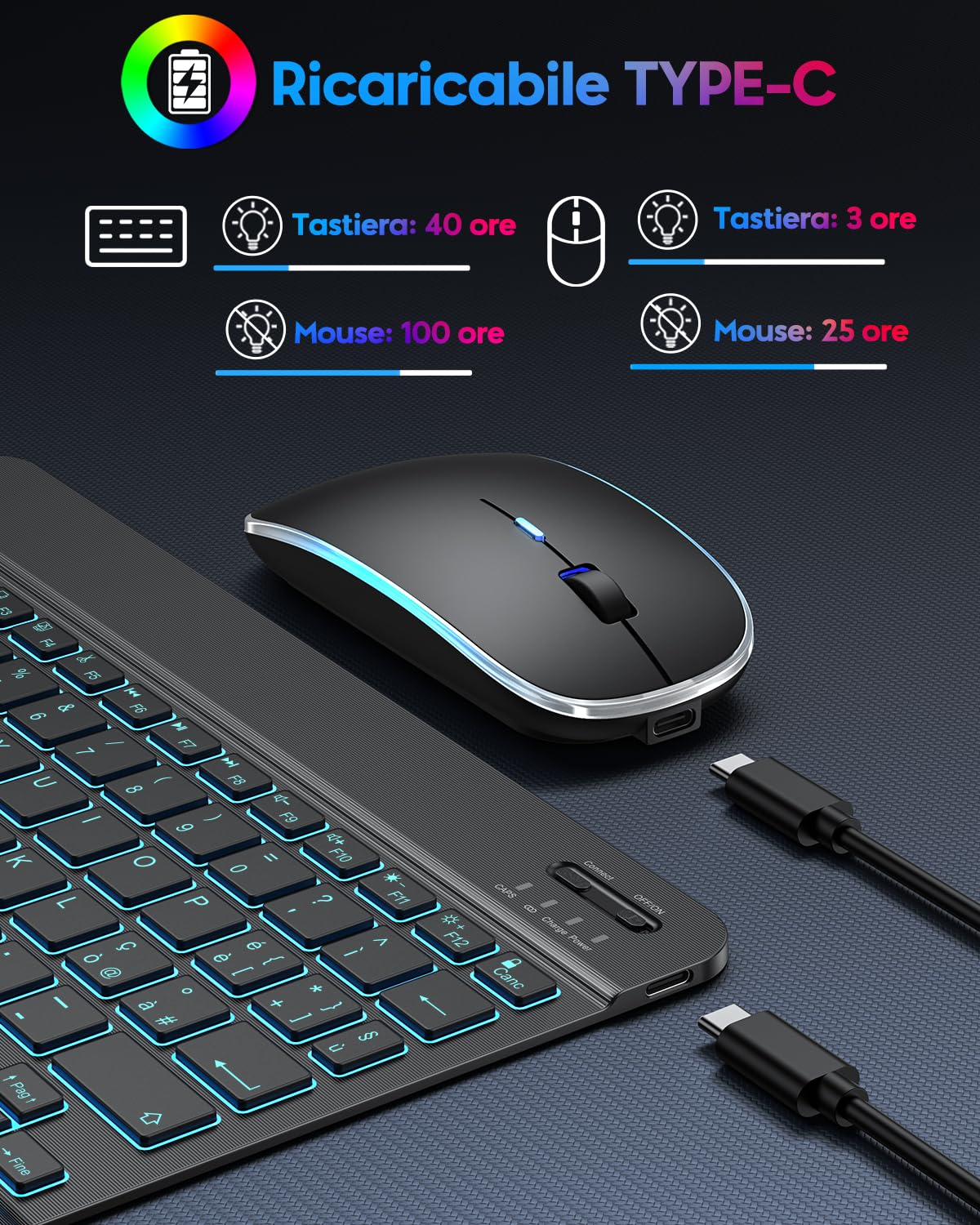 TECURS Kit Tastiera e Mouse Wireless Bluetooth per iPad Pro/Air/Mini | Retroilluminazione LED 7 Colori, Ricaricabile, Layout IT QWERTY, Ultra Sottile e Portatile, Struttura a Forbice Silenziosa