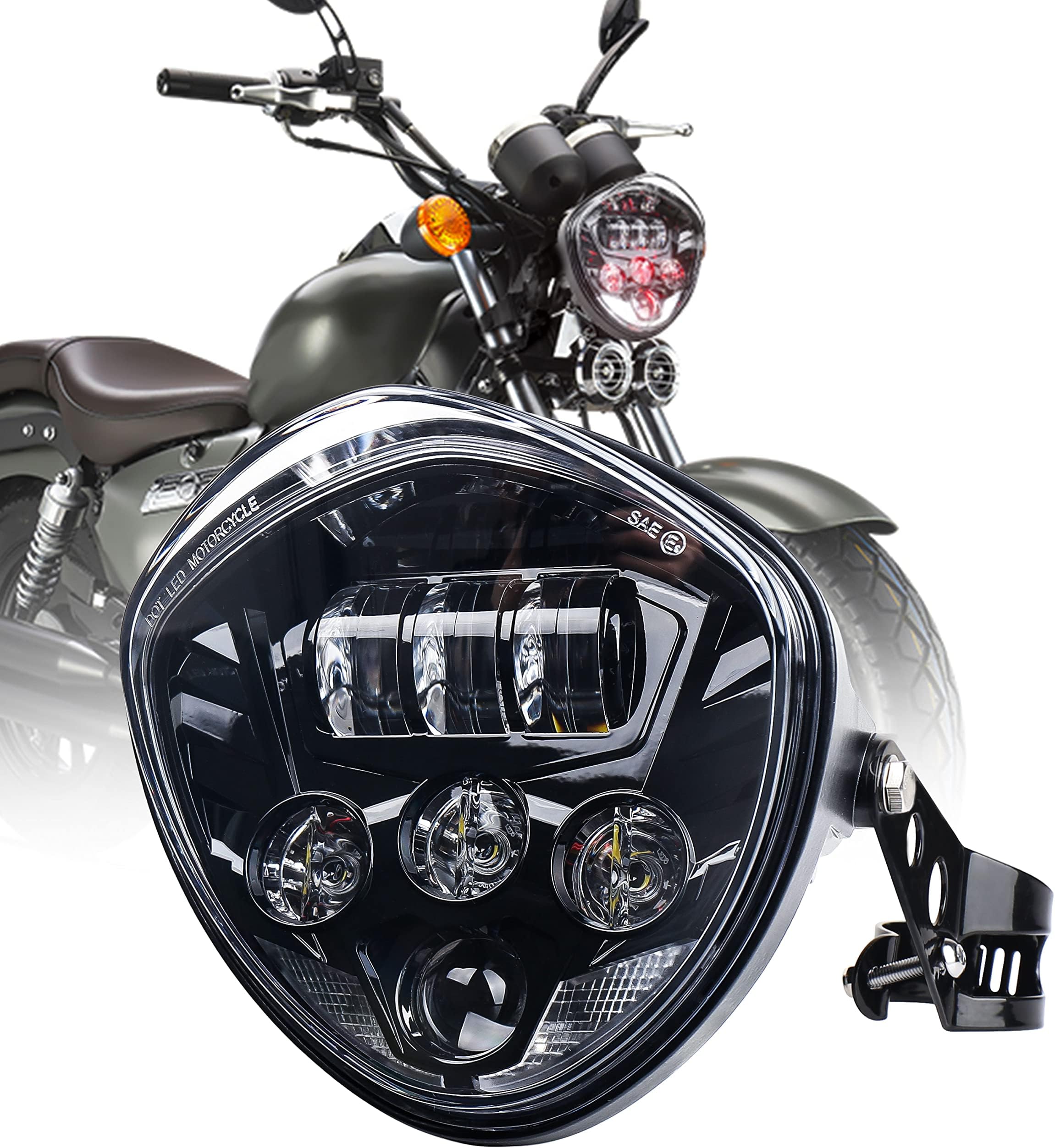Motorcycle Headlight 7 inch led Hi/Low Beam Red & White DRL with Bracket Clamp Compatible with Universal Motorcycle Harley Honda Kawasaki Suzuki Yamaha Cafe Racer