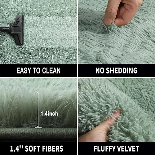 Miniatura 3 de RUGTUDER Alfombra rectangular de color verde salvia para dormitorio, sala de estar, 4 x 6 pies, esponjosa, peluda, para mesita de noche, habitación