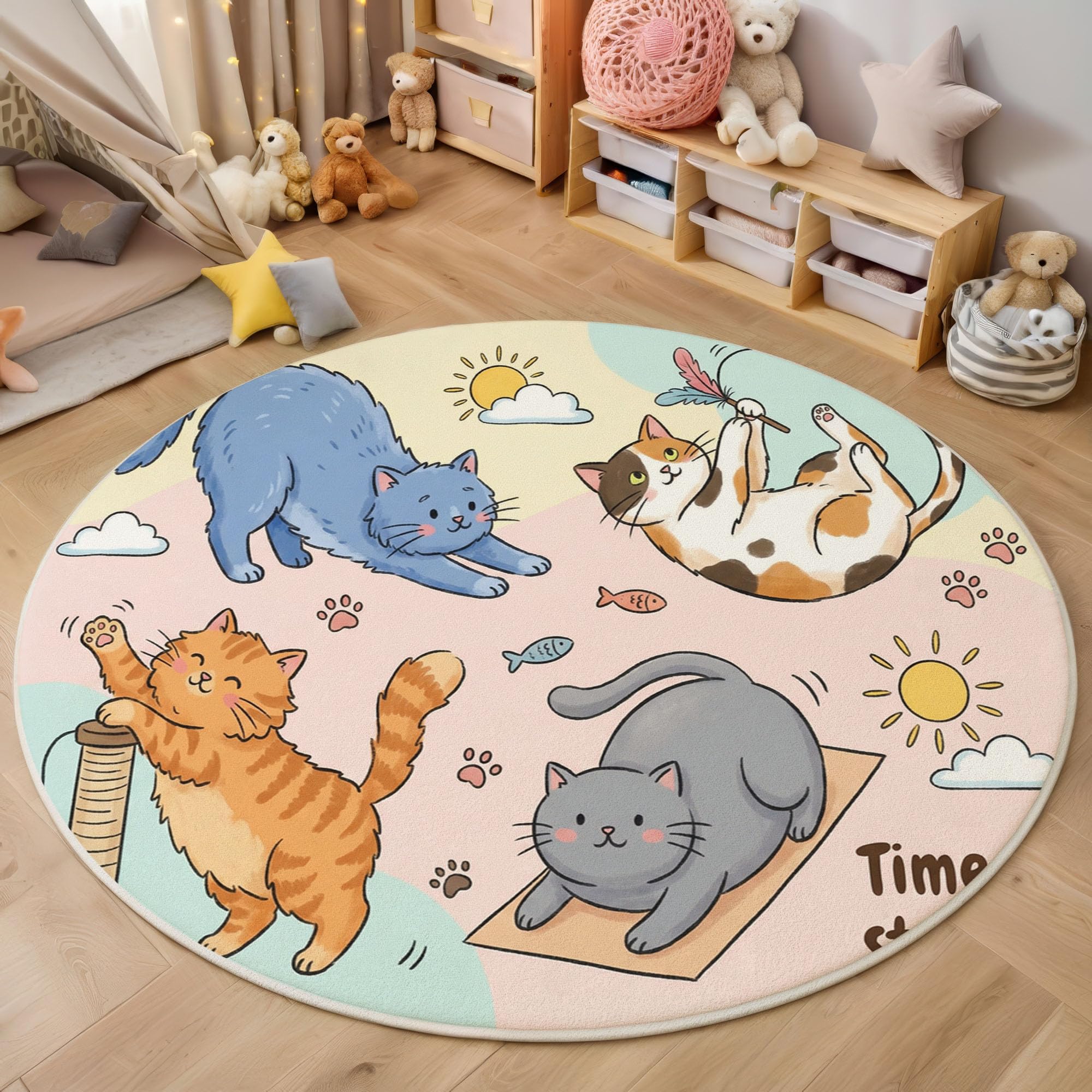 Tapis rond pour chambre enfant chat orange 160cm poils courts salle de jeux