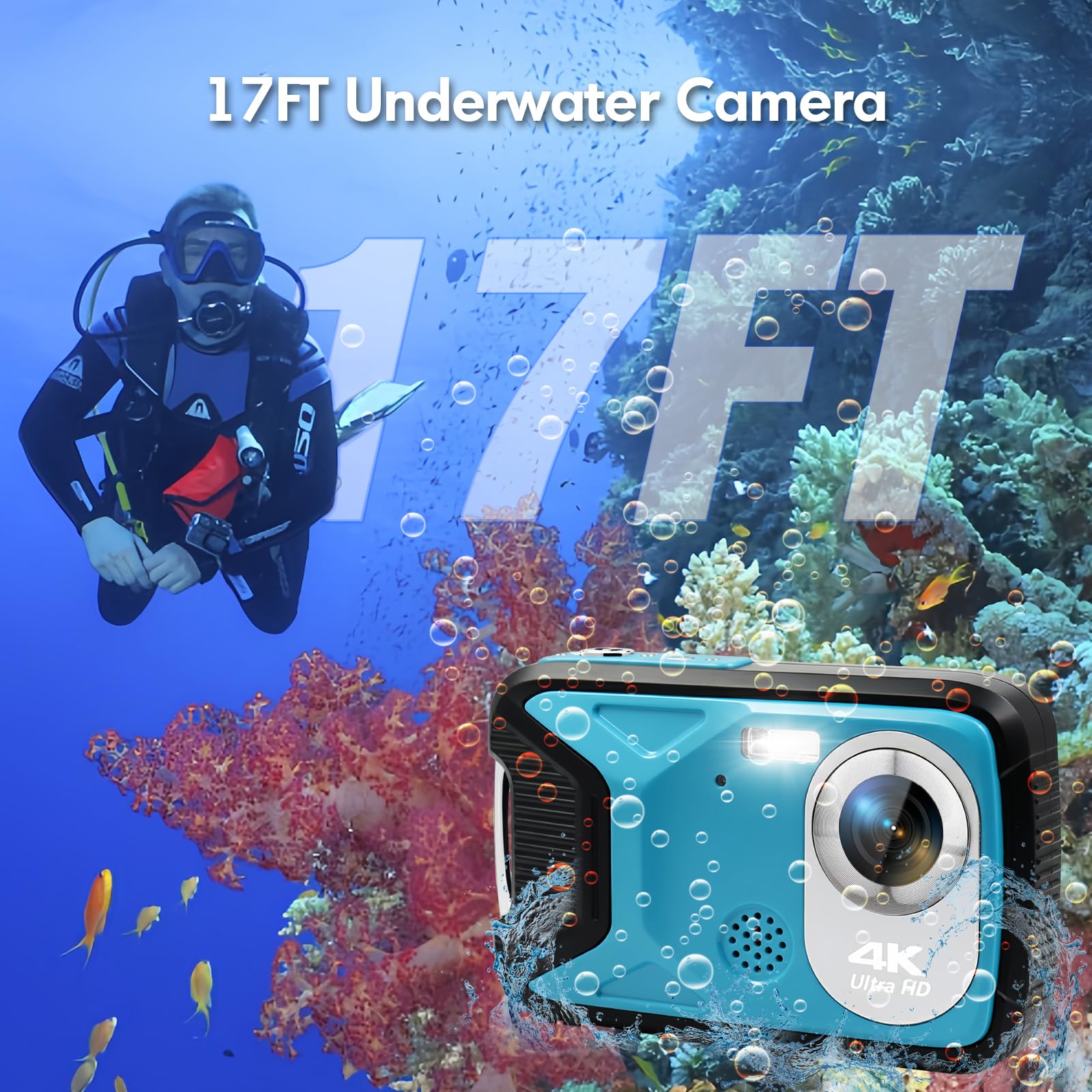 Cámara subacuática 4K de 17 pies impermeable para esnórquel, cámara digital de enfoque automático con tarjeta de 32 GB, luz de llenado de zoom de 18 aumentos, cámaras compactas