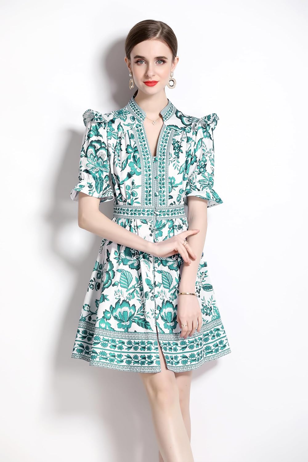 LAI MENG FIVE CATS Women's Button Up Short Puff Sleeve V-Neck Floral Print Split Casual Mini Dress - Image 6