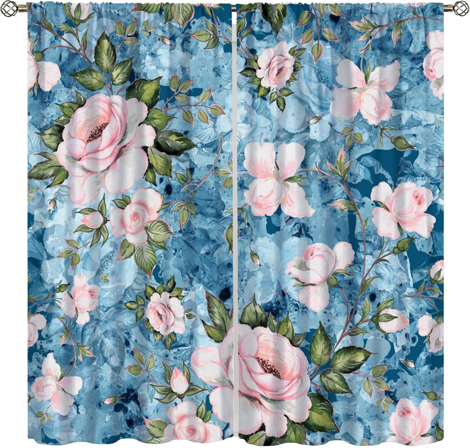 Watercolor Floral Blackout Curtains Gray Blue and Pink Peony Flower Blossom Thermal Insulated Window Drapes for Bedroom Window Curtains for Living Room 42" W X 45" L