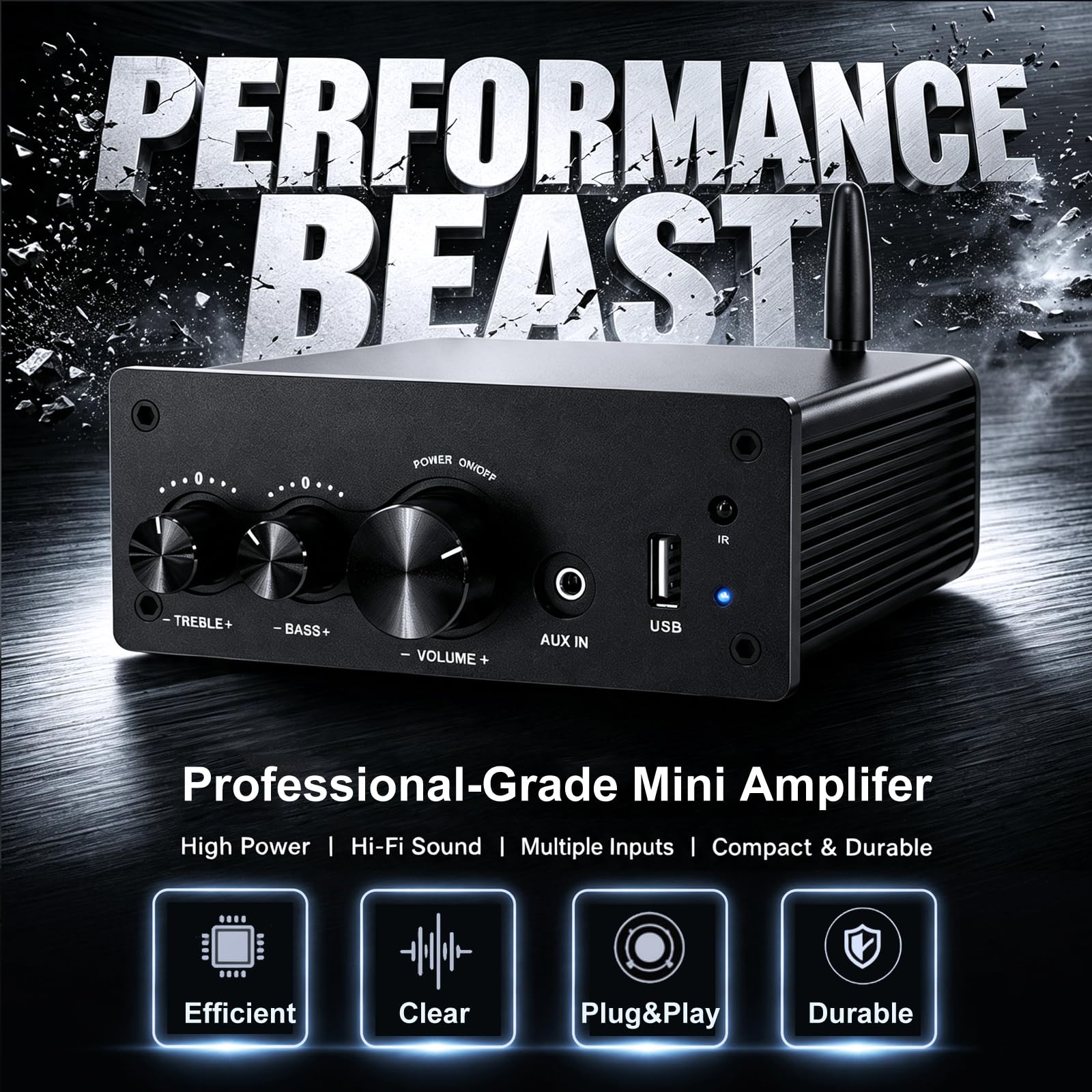 Mini Amplificatore Bluetooth HiFi con Telecomando, Amplificatore Stereo, Ingresso AUX, Uscita Audio L/R 2 Canali, 100W X2 per Diffusori by Passi Casa Audio