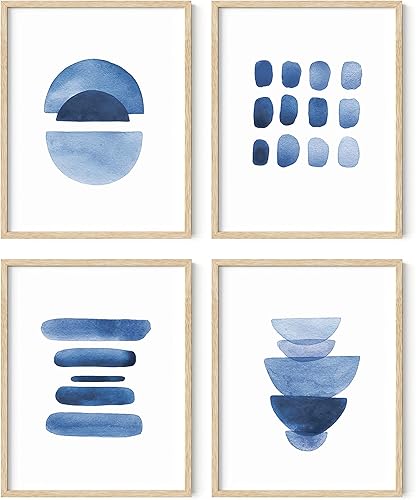 HAUS AND HUES Arte abstracto azul – Juego de 4 arte abstracto para decoración de pared de sala de estar, impresiones de acuarela, arte de pared azul