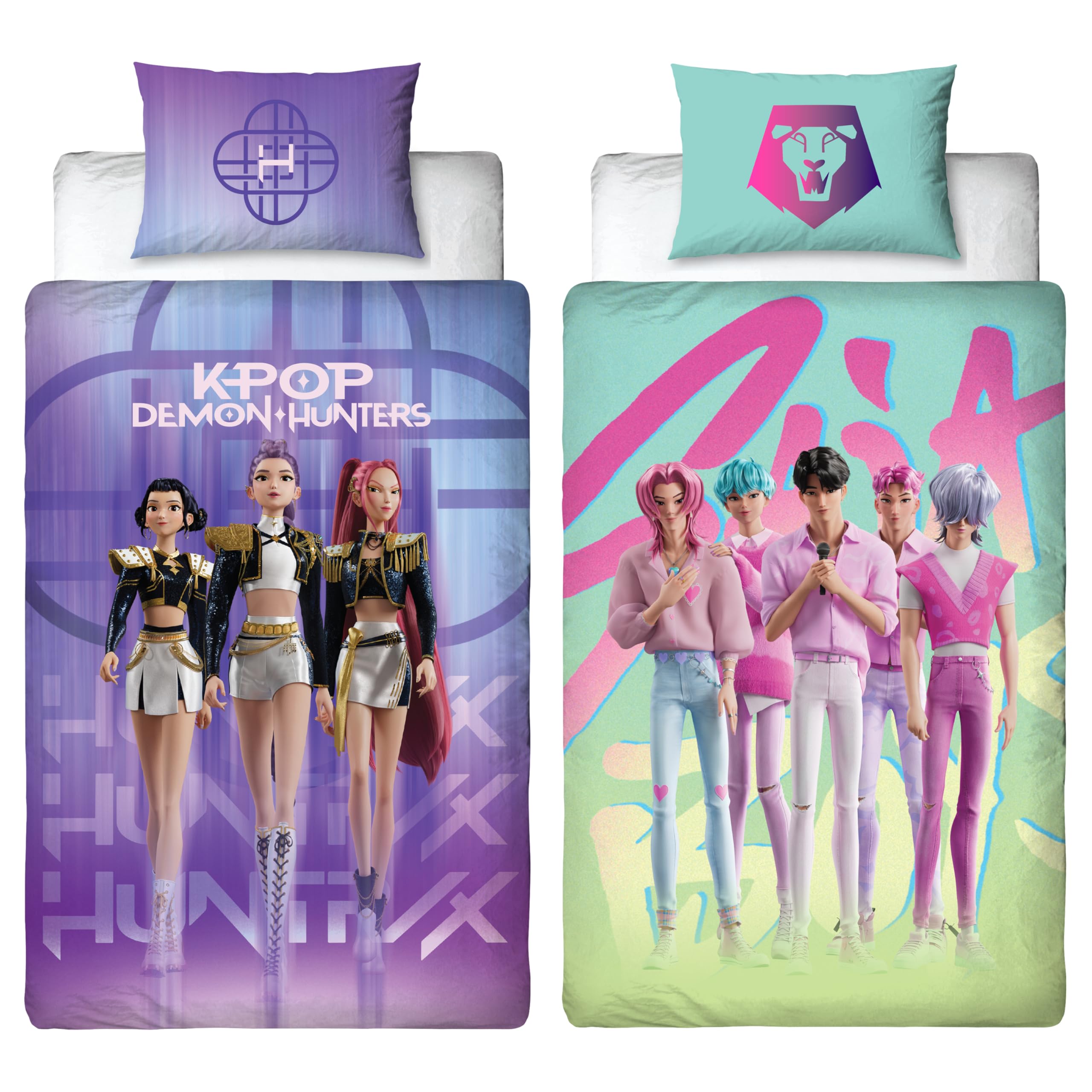 Character World K Pop Demon Hunters Officially Licensed Single Duvet Cover Set | Huntrix and Saja Boys Design Reversible 2 Sided Bedding Including Matching Pillow Case | Perfect For Kids Bedroom