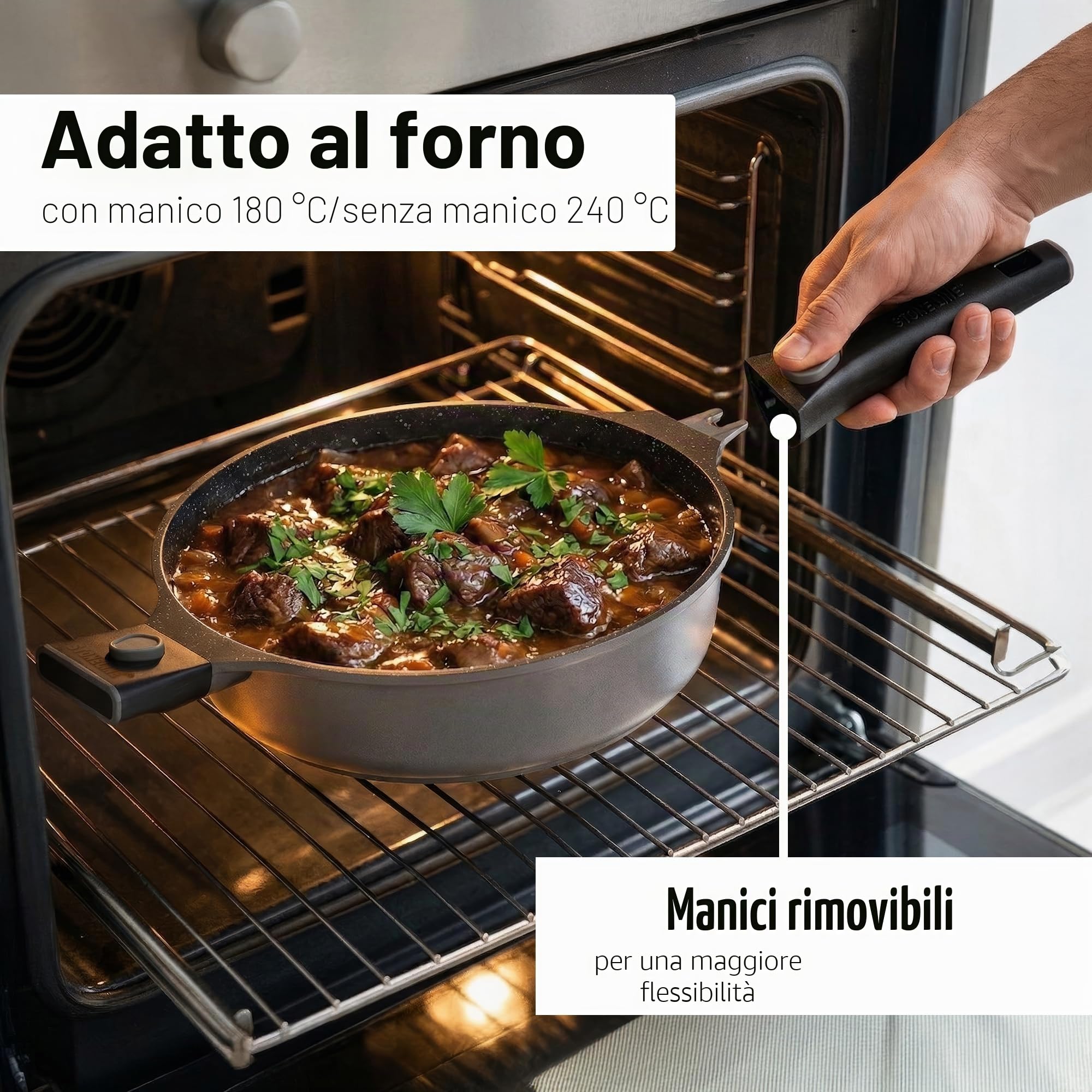 STONELINE SMART Padella Alta 28 cm, 4 L Padella Induzione Grande con Coperchio, Manico Rimovibile, Alluminio Pressofuso, Tutti i Tipi Piani Cottura, Antiaderente con Vere Particelle di Pietra, Grigio