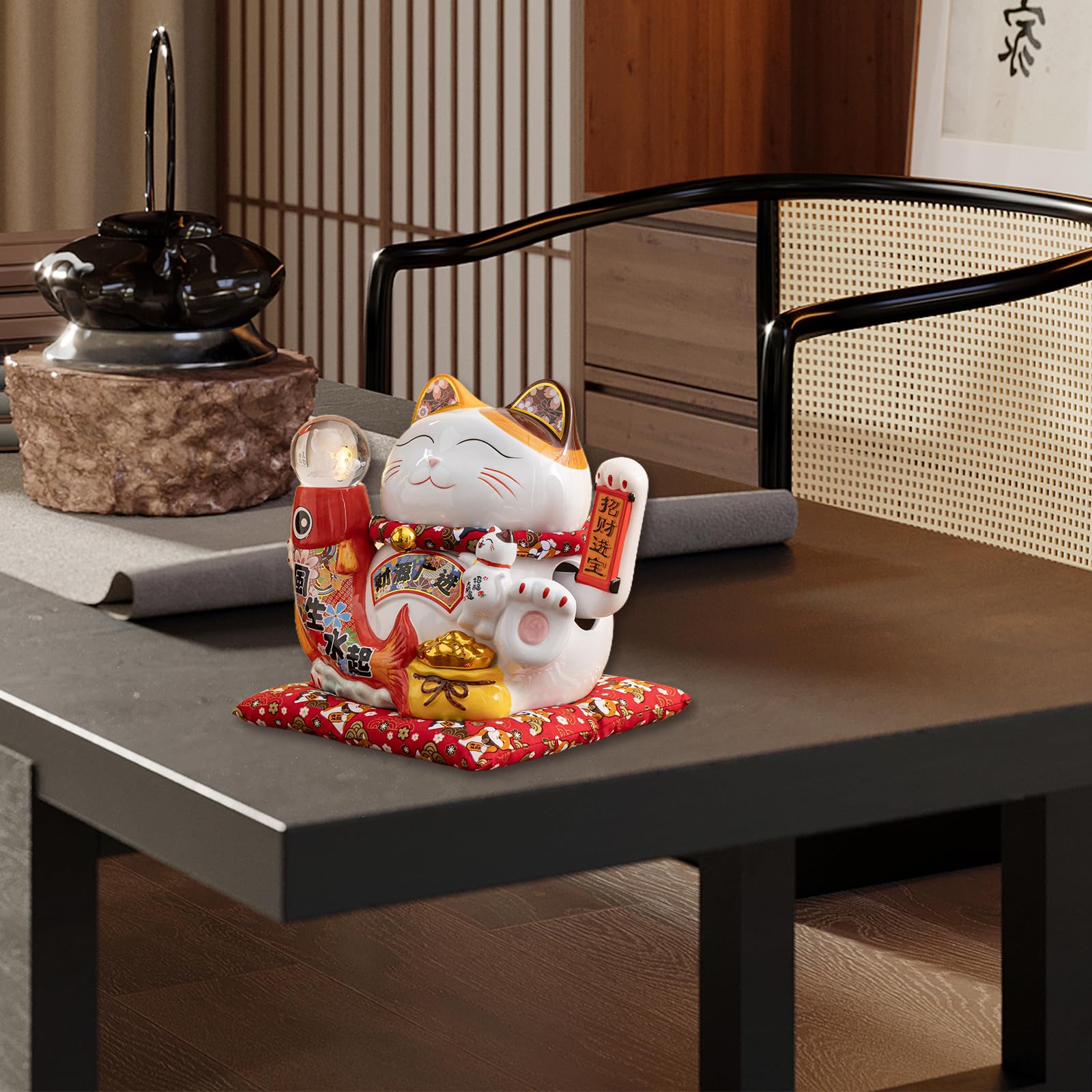 Estatua grande de gato de la suerte Maneki Neko con bola de cristal, figura de gato de la fortuna japonesa, blanco y rojo