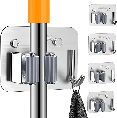 Miniatura 9 de 4 Pack Broom Holder Wall Mount Stainless Steel Mop Hanger - Home Laundry Room, Kitchen, Closet, Garage Organization and Storage Heavy Duty Utility