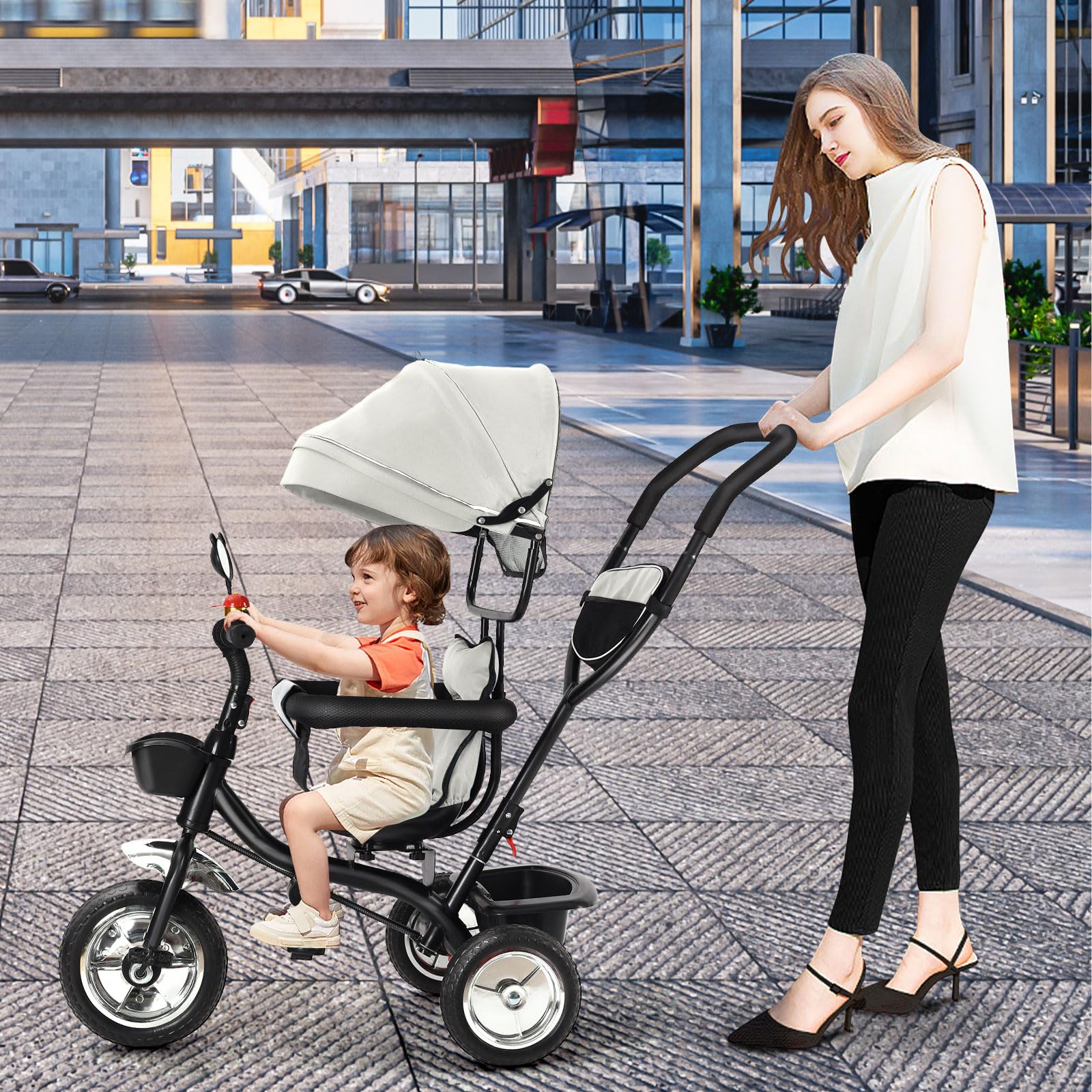 Supfine Triciclo de bebé escalable, triciclo evolutivo 4en1,triciclo infantil de 9 meses hasta 25 kg, con varilla de empuje ajustable en altura, asiento giratorio delantero y trasero, plegable (gris)