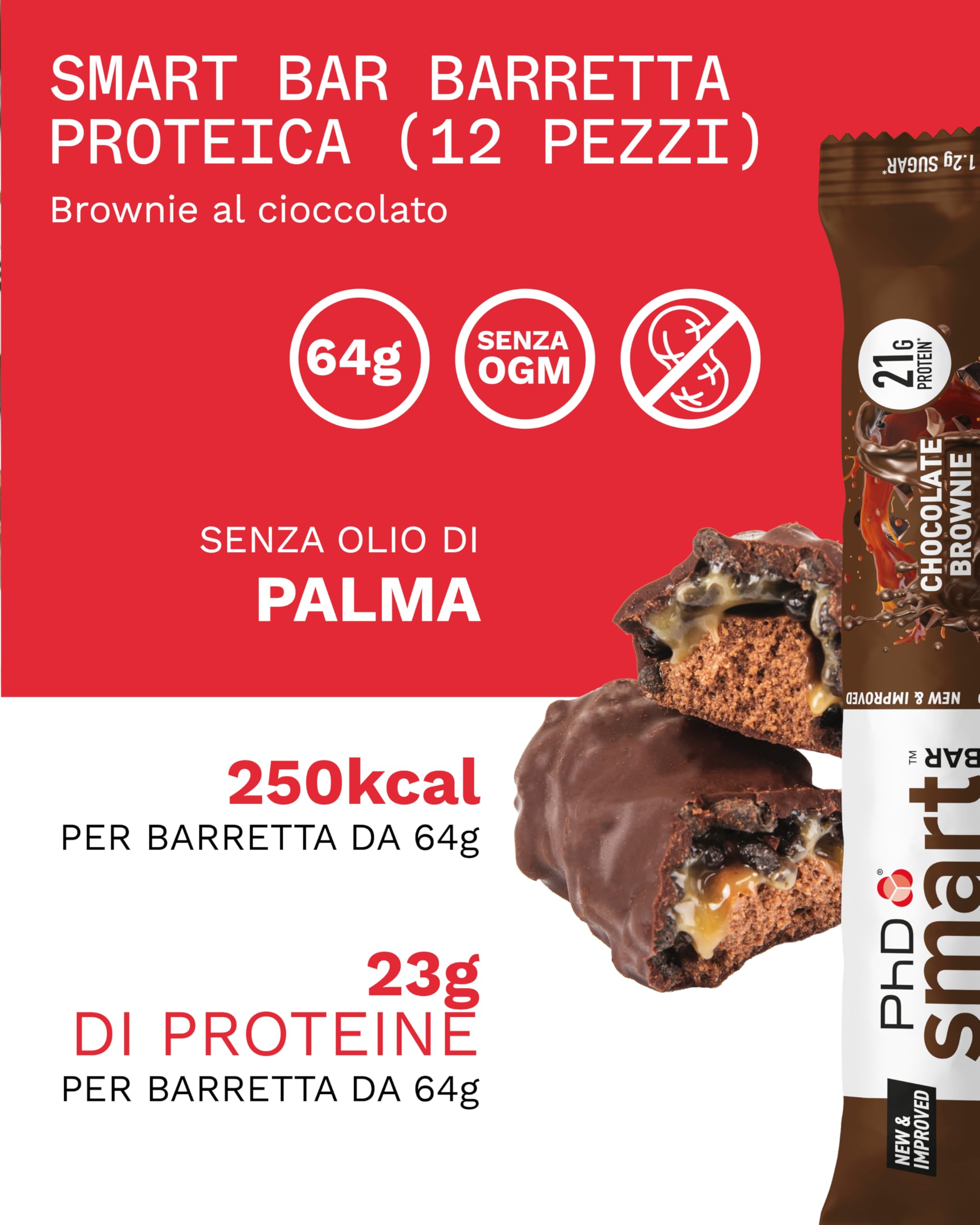 PhD Nutrition Smart Bar Barrette Proteiche Brownie al Cioccolato 12 x 64g - Snack ad alto contenuto proteico con 21g di proteine e poco zucchero, Barretta proteica amica dei macro